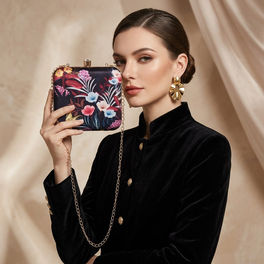 Ridhima Black — Satin Printed Clutch