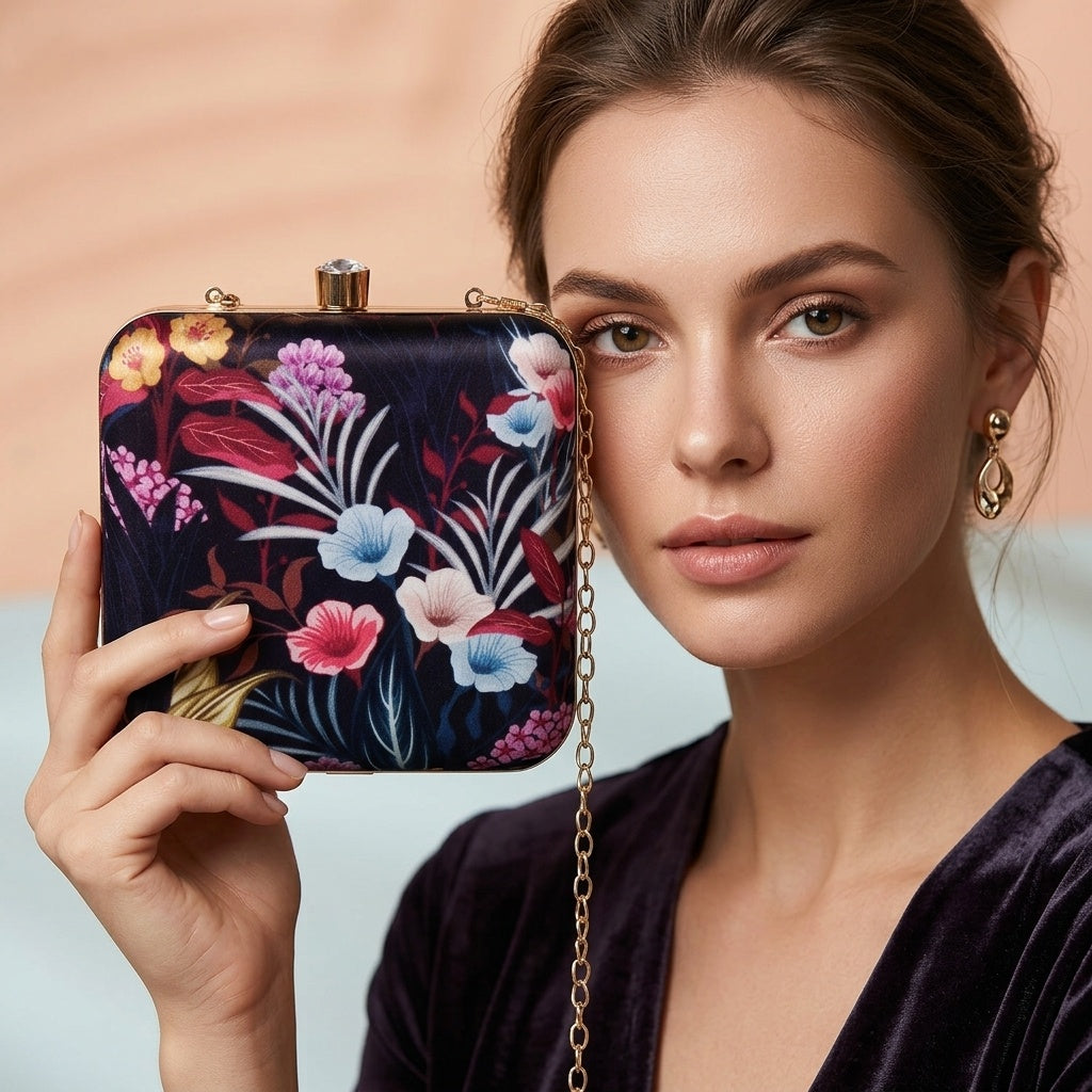 Ridhima Black — Satin Printed Clutch