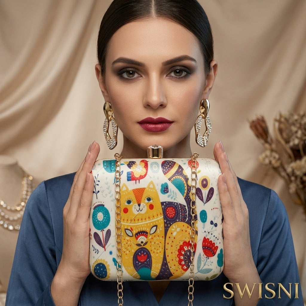 Sindhu White — Satin Printed Clutch