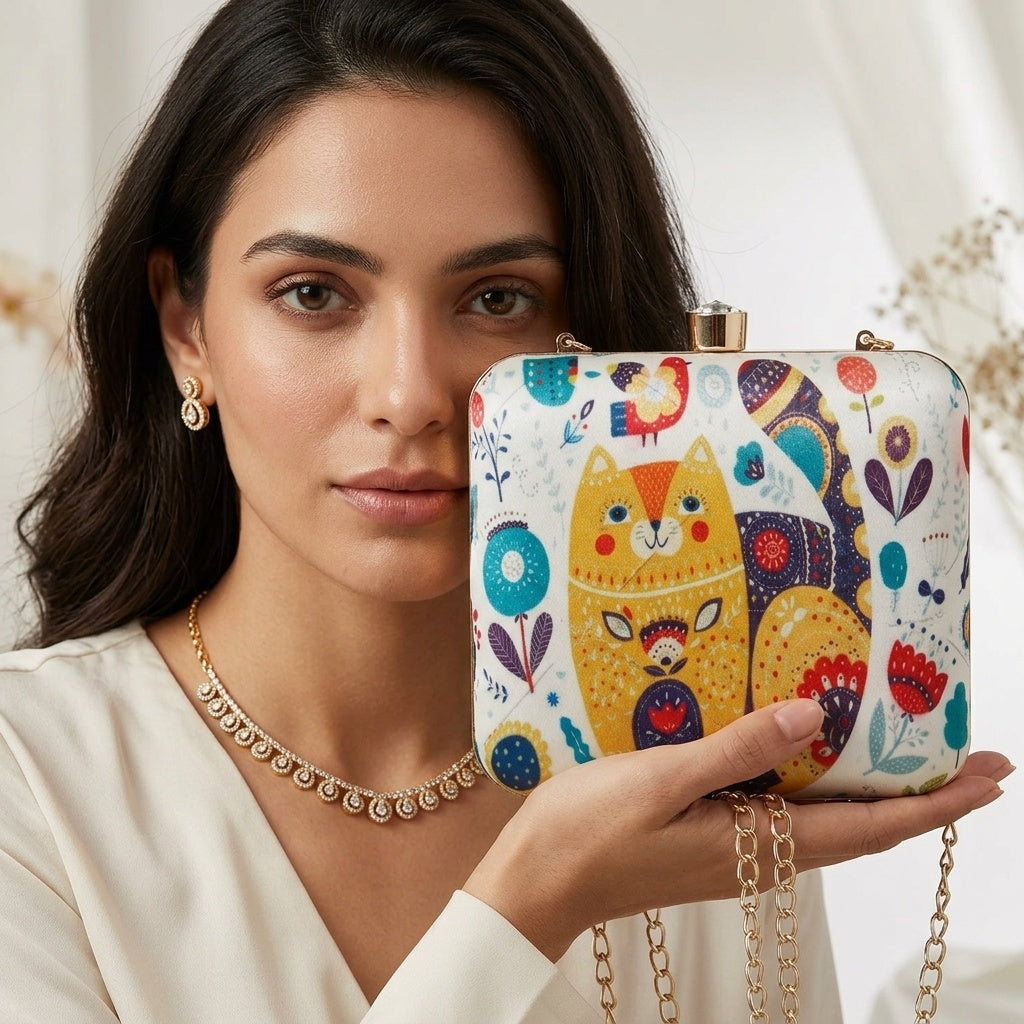 Sindhu White — Satin Printed Clutch