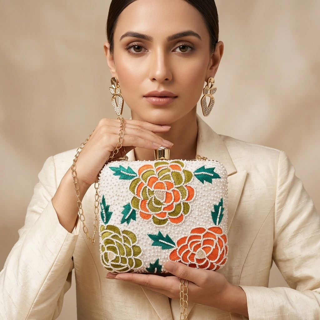 Mahek White — Raw Silk Embroidered Clutch