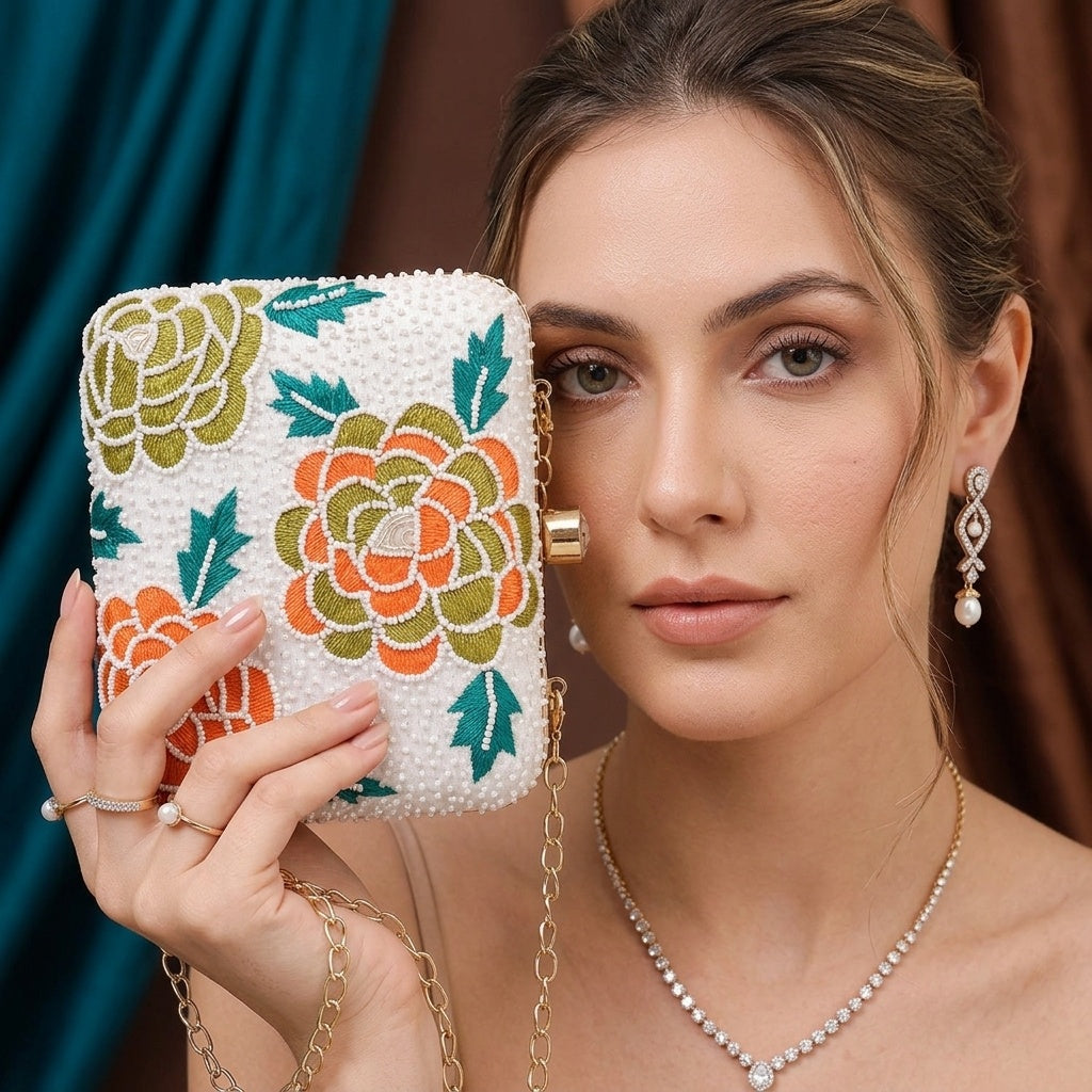 Mahek White — Raw Silk Embroidered Clutch