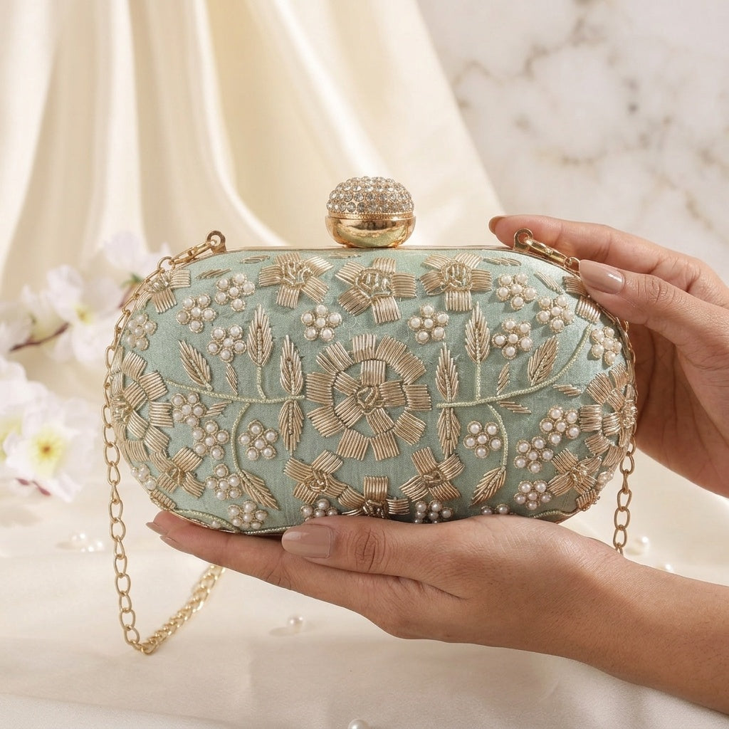 Hadiya Mint Green — Raw Silk Embroidered Clutch
