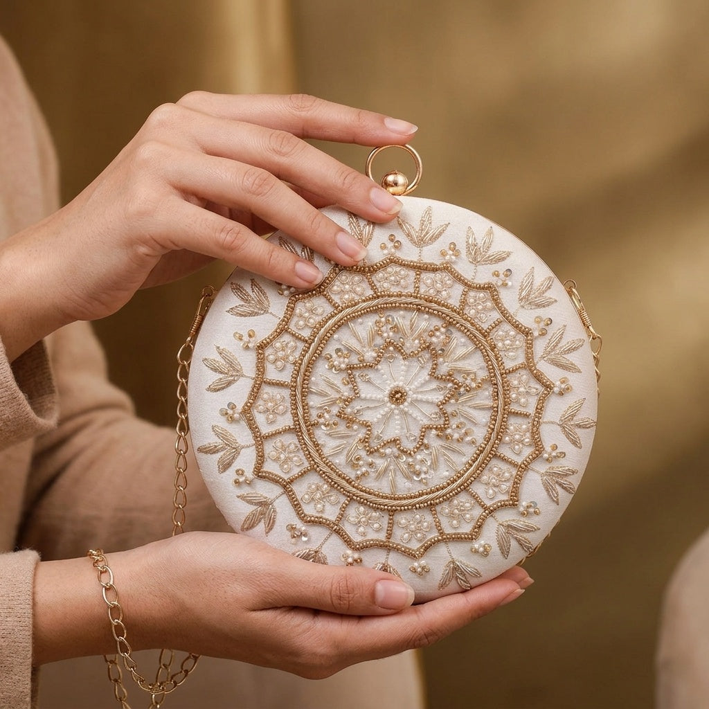 Sharmila White Classic — Raw Silk Embroidered Clutch