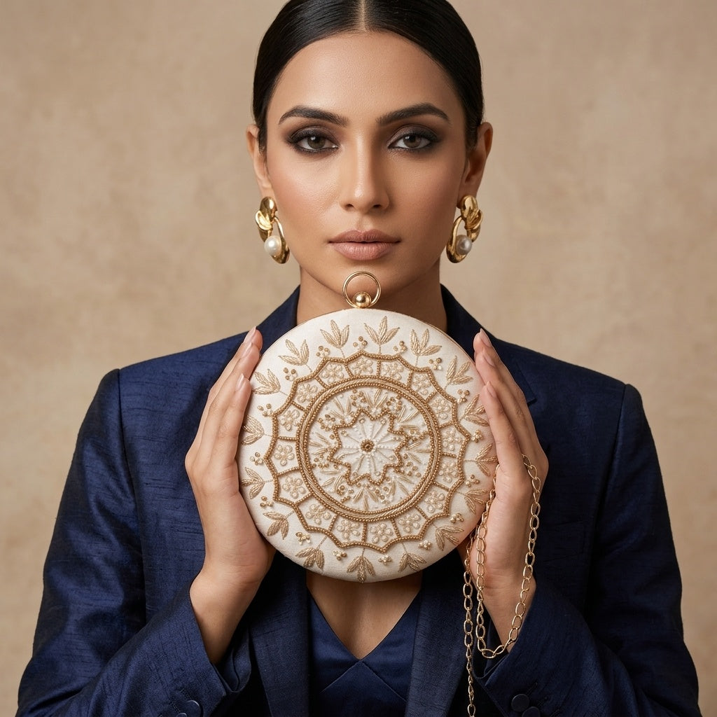 Sharmila White Classic — Raw Silk Embroidered Clutch