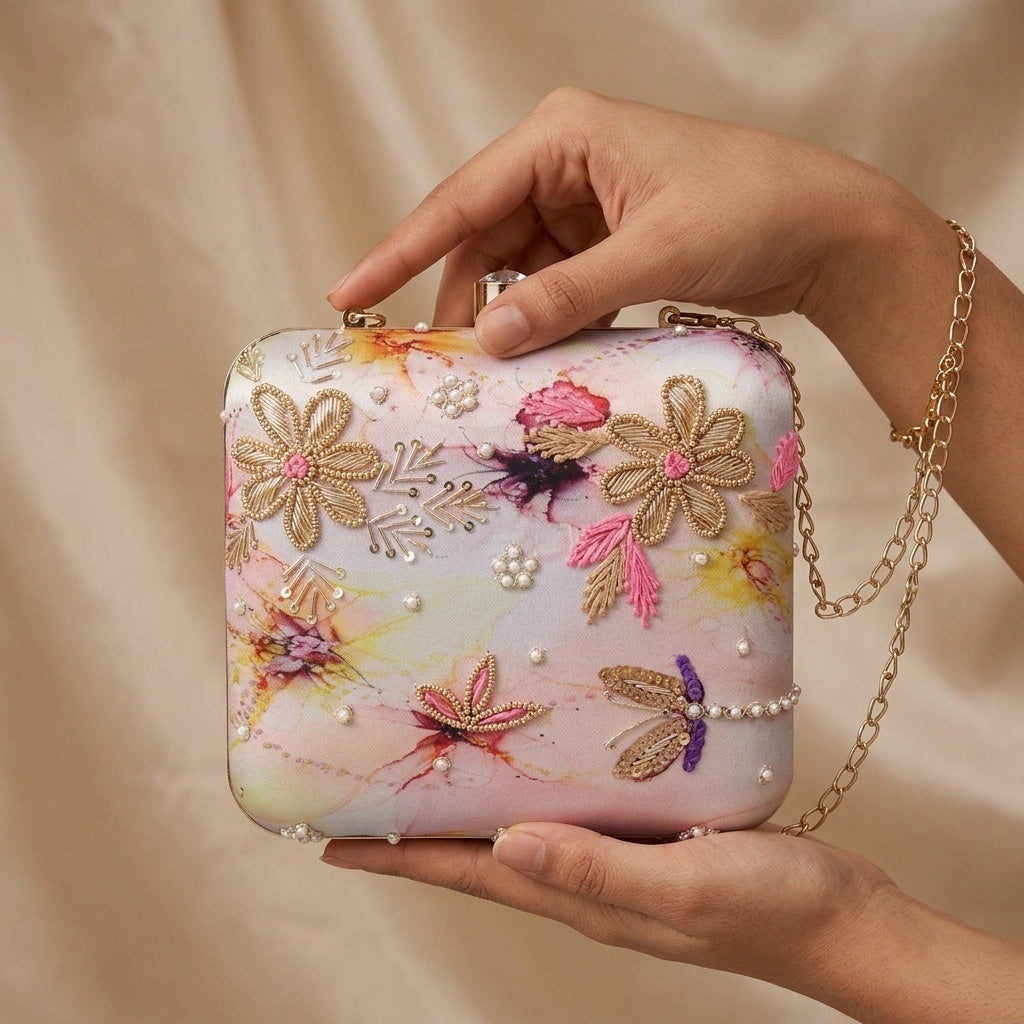Mahira — Satin Printed Embroidered Clutch