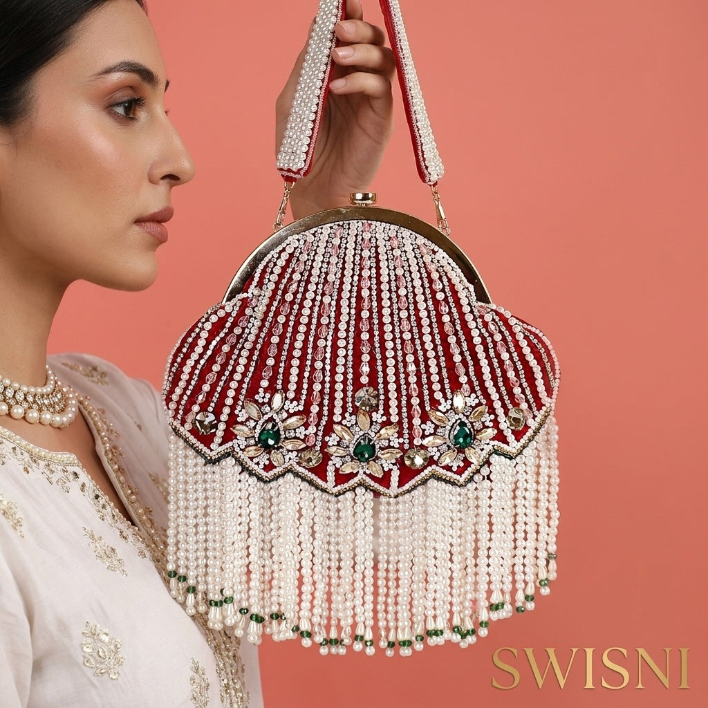 Nusrat Red — Velvet Batua Bag