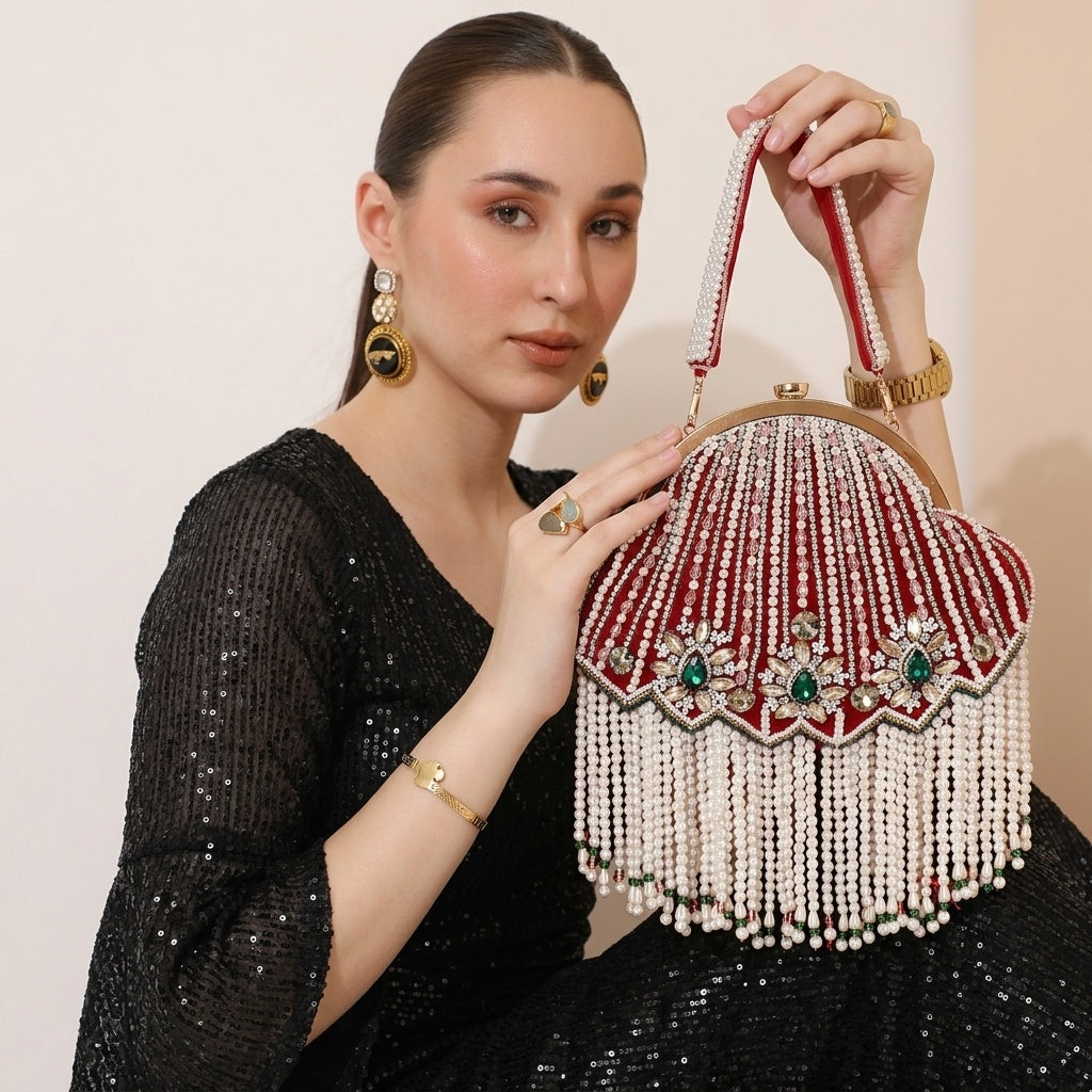 Nusrat Red — Velvet Batua Bag