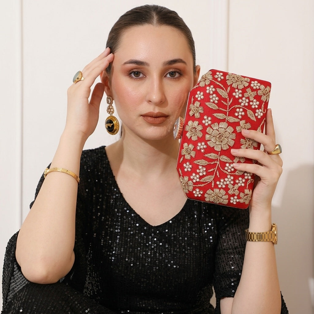 Ketaki Red — Raw Silk Embroidered Clutch