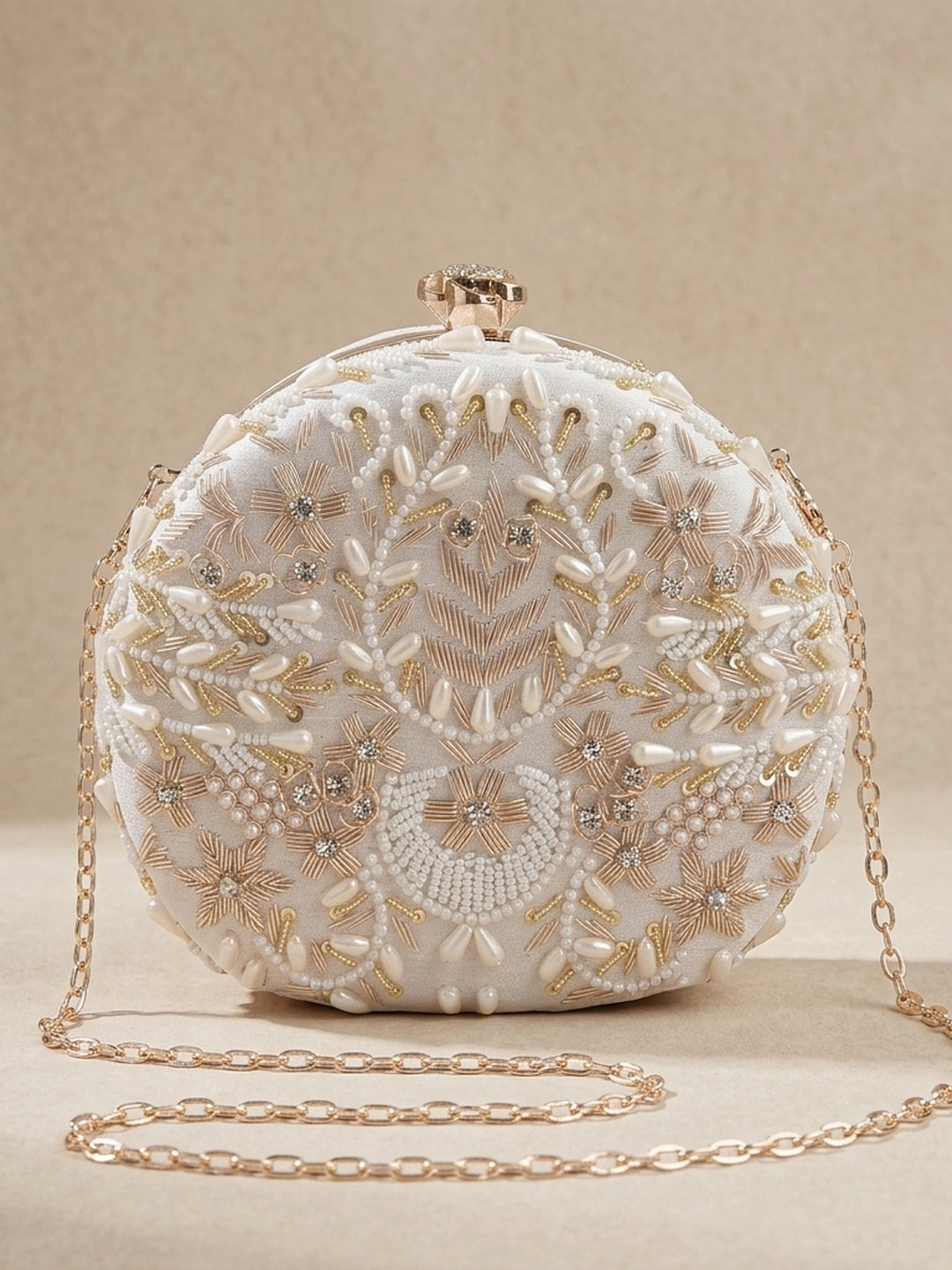 Komal White — Raw Silk Embroidered Clutch - Front View | SWIS-876