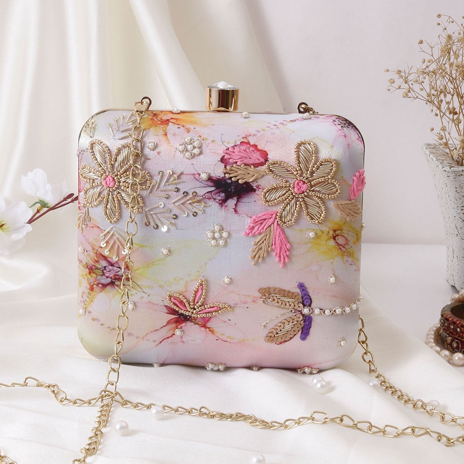 Stunning Printed Embroidery Square Shape Clutch Bag For Party