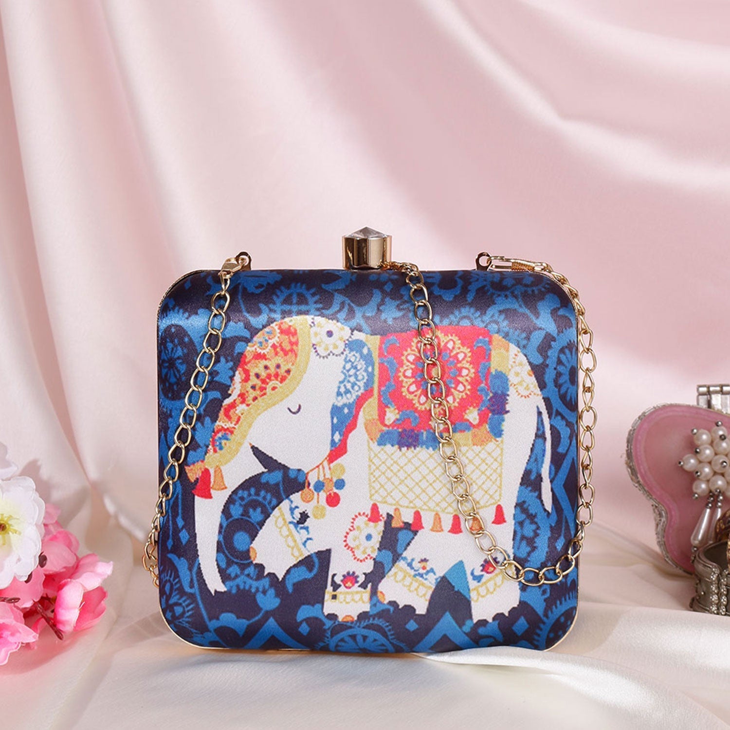 Elephant Satin Digital Print Square Box Clutch for Women & Girls