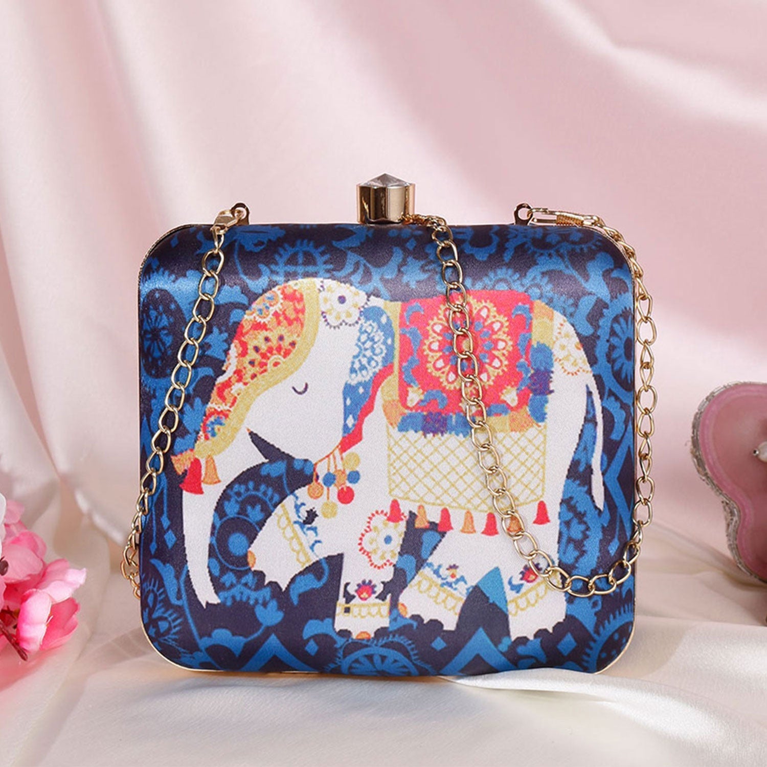 Elephant Satin Digital Print Square Box Clutch for Women & Girls