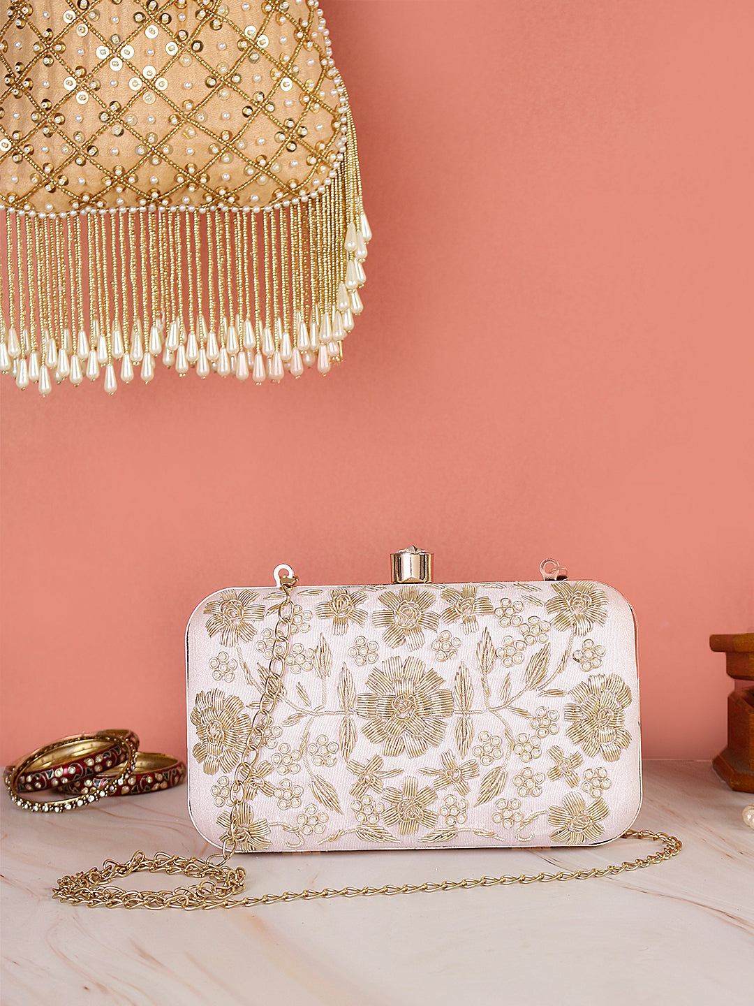 nude pink handmade embroidery rectungler clutch