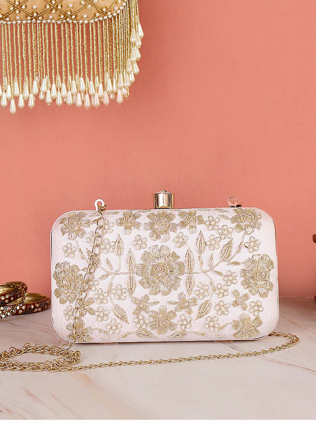 nude pink handmade embroidery rectungler clutch