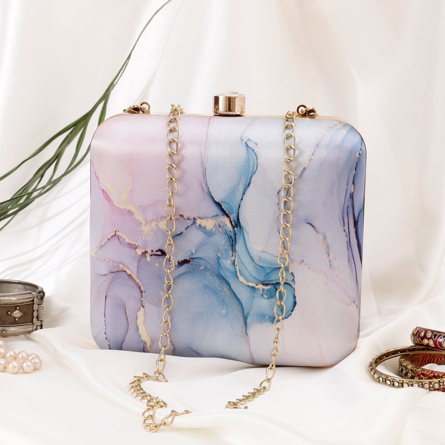 Abstract printed square clutch
