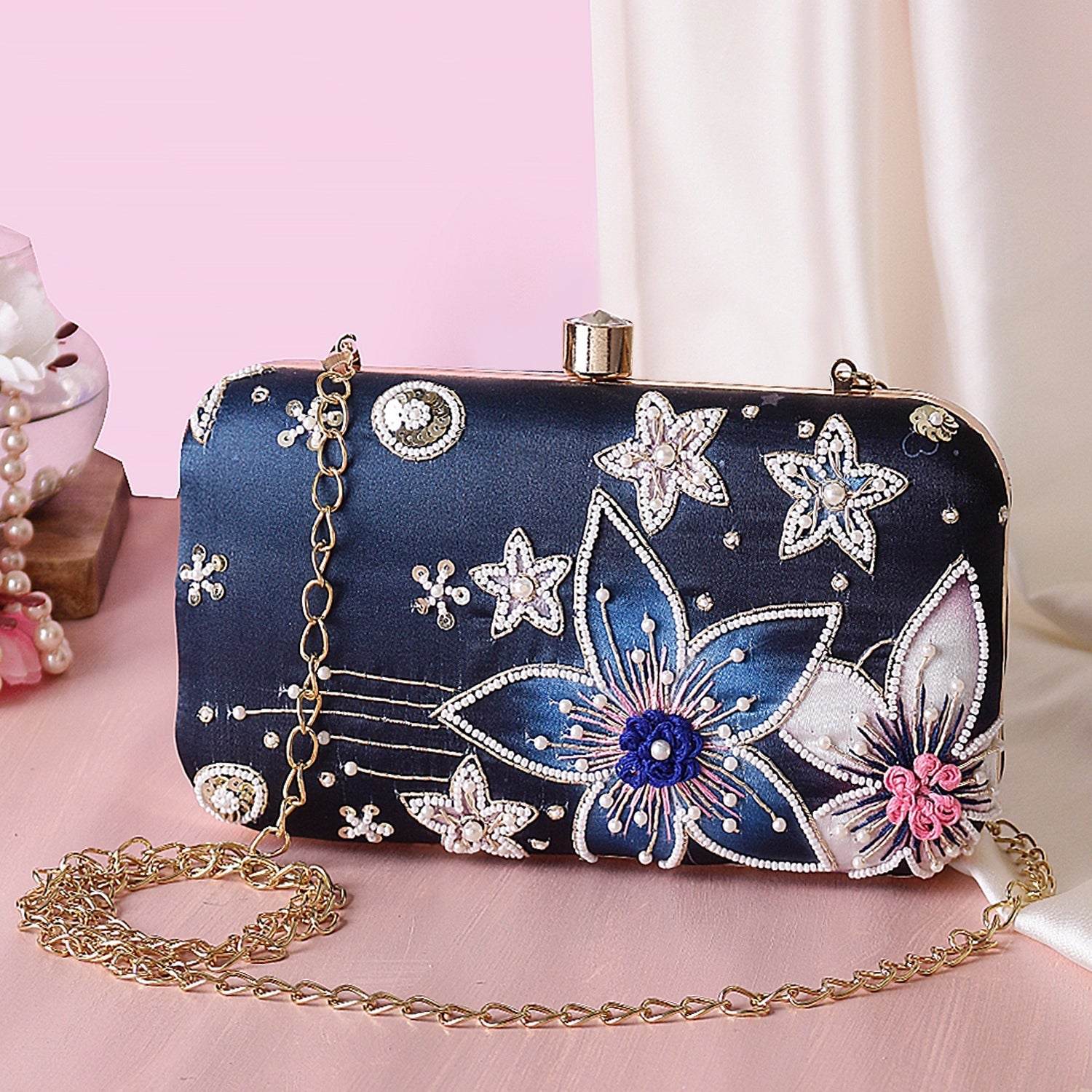 Sober printed embroidery clutch