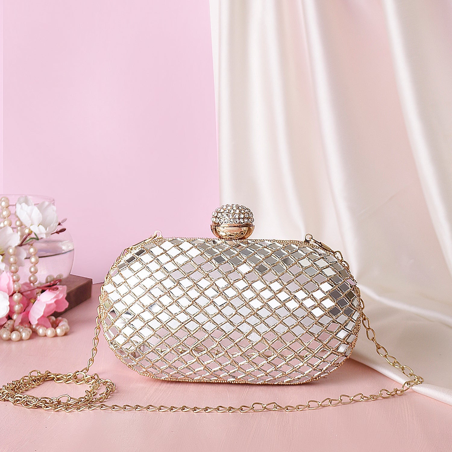 Sober mirror work oval for clutch women and girls