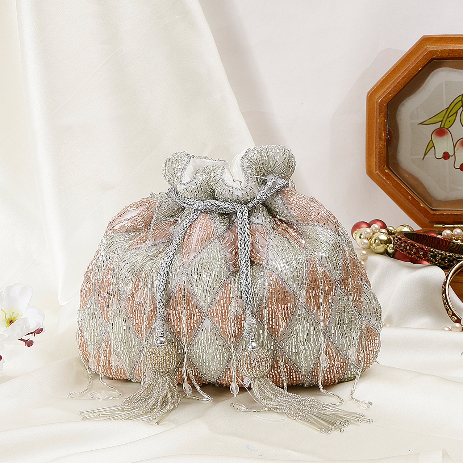 Silver With Rose Gold Embroidered Potli Bag