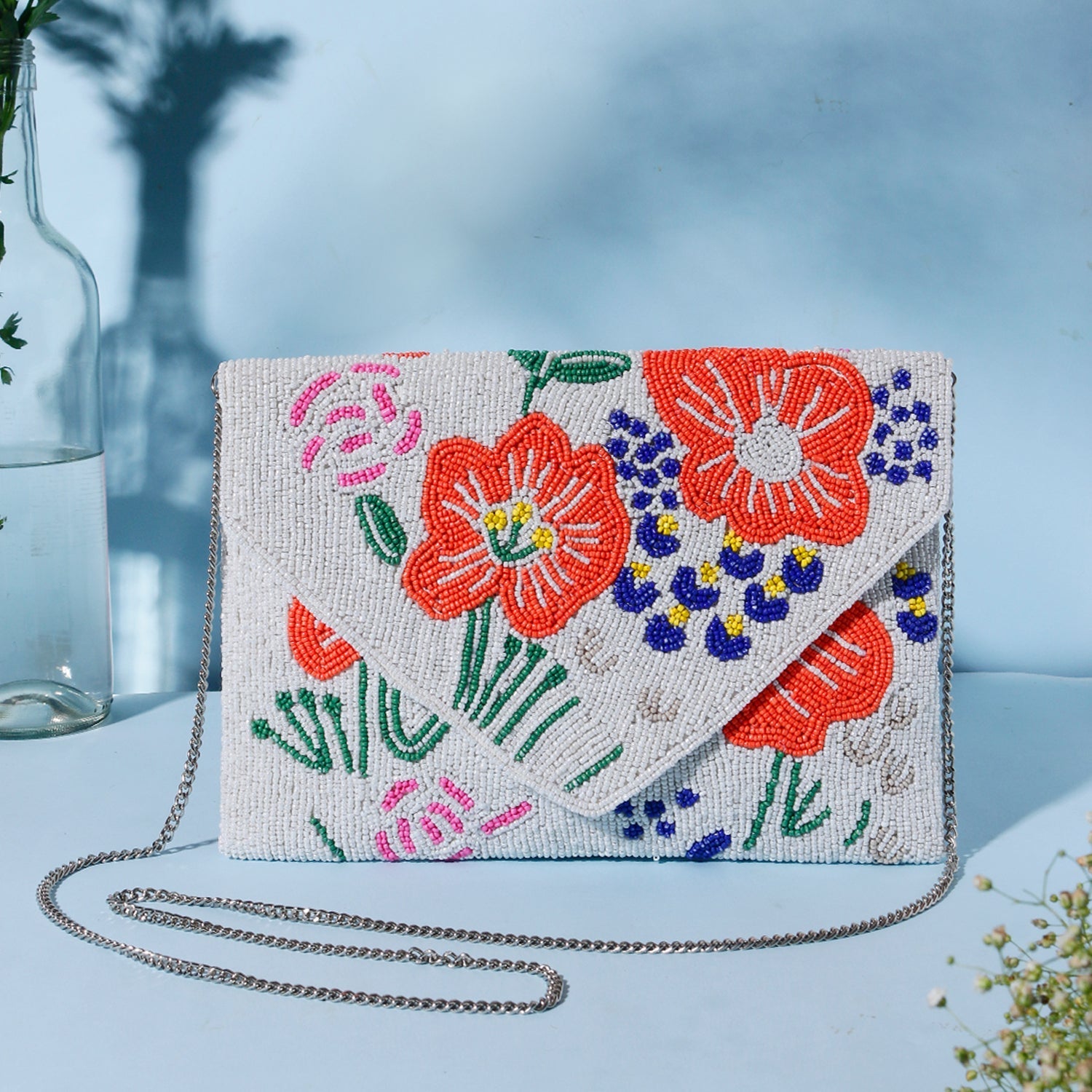 Handmade White And Orange Flower Beaded Boho Bag