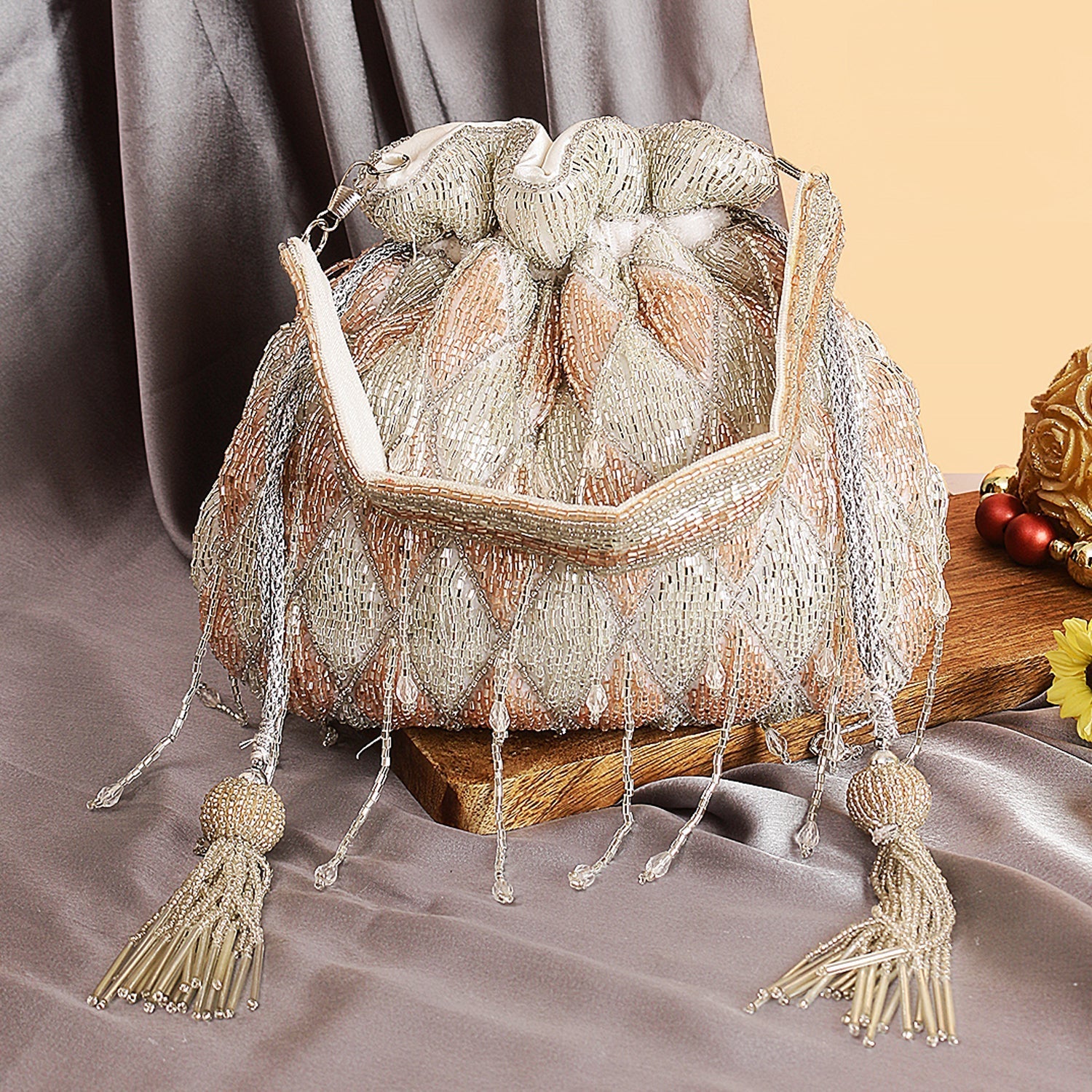 Silver With Rose Gold Embroidered Potli Bag