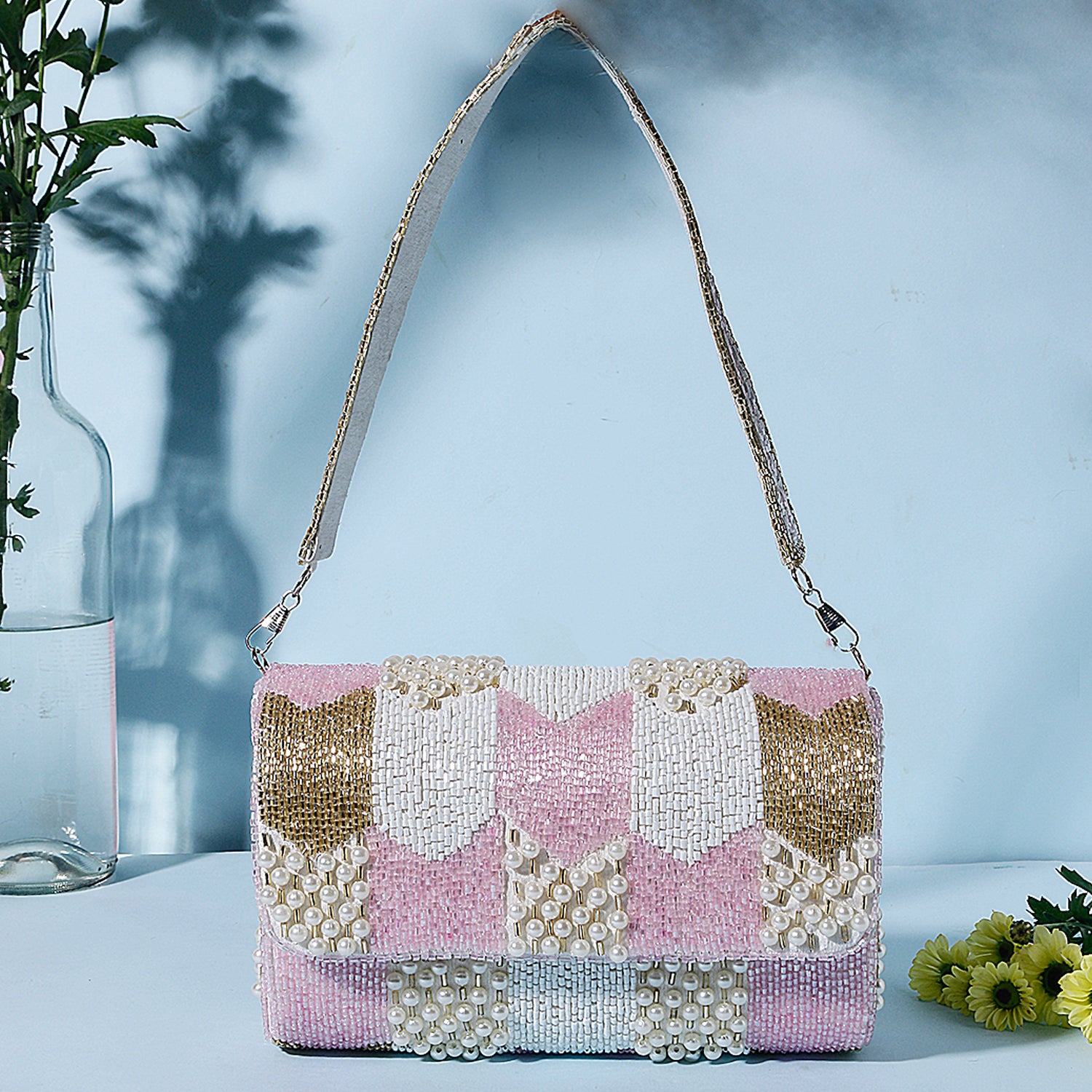 White And Pink Cutdana Flap Clutch