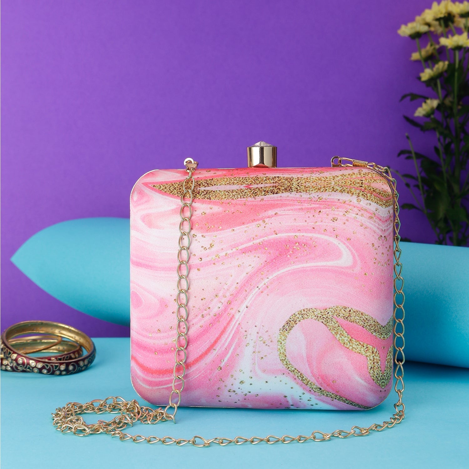 Abstract Printed Pink With Golden Glitter Design Box Clutch Bag
