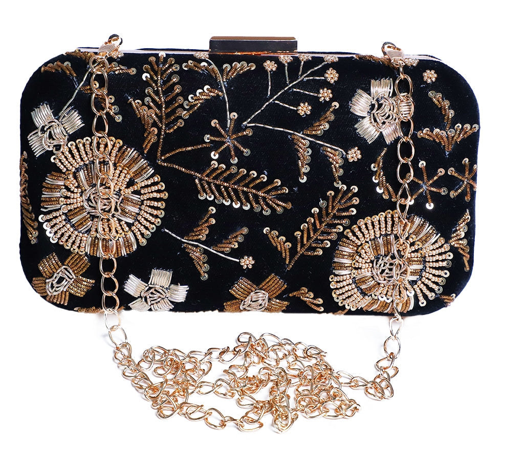 Flower golden zardosi embroidery black clutch
