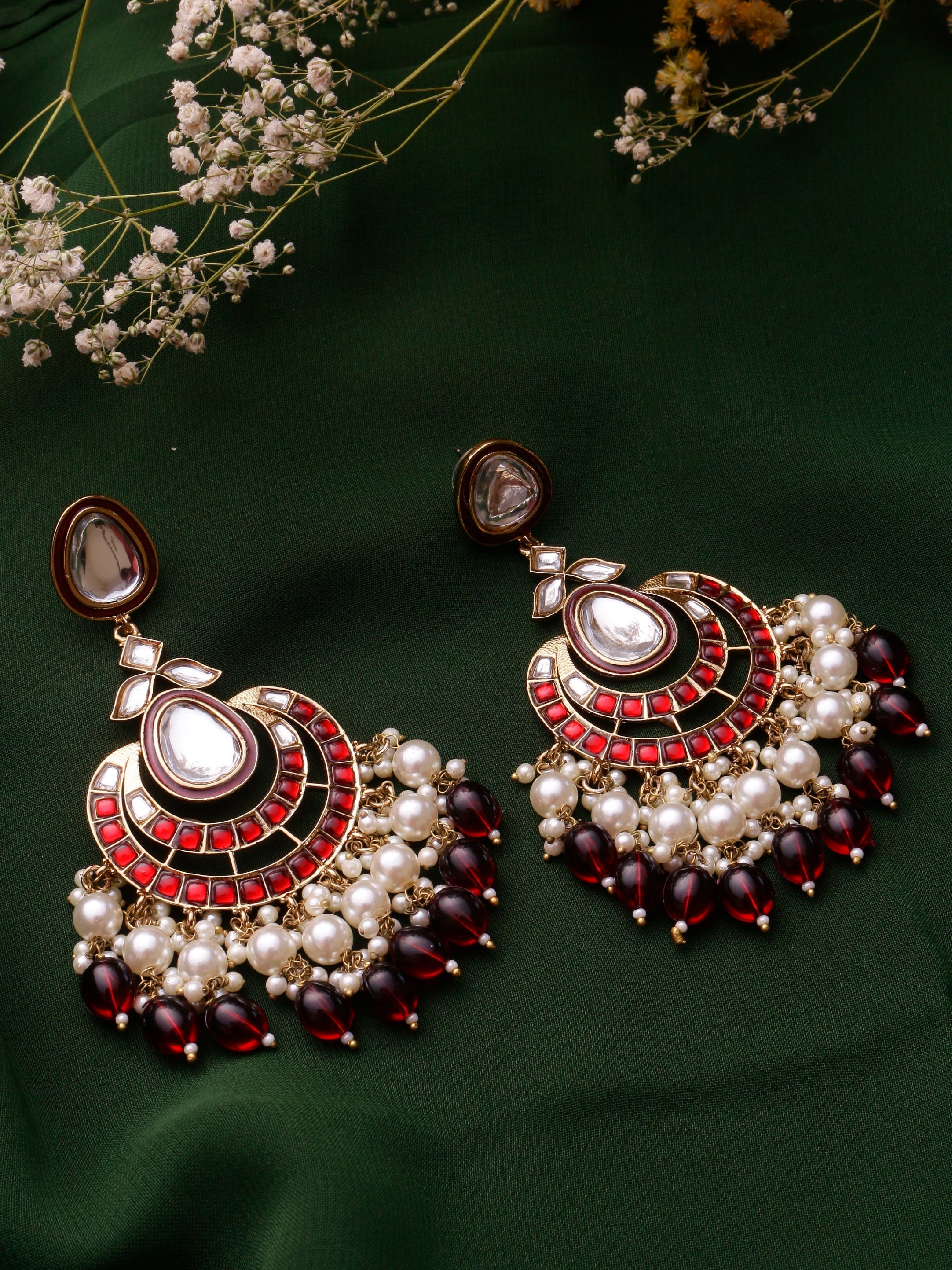 Swisni Alloy Golden Earrings with Maroon Beads
