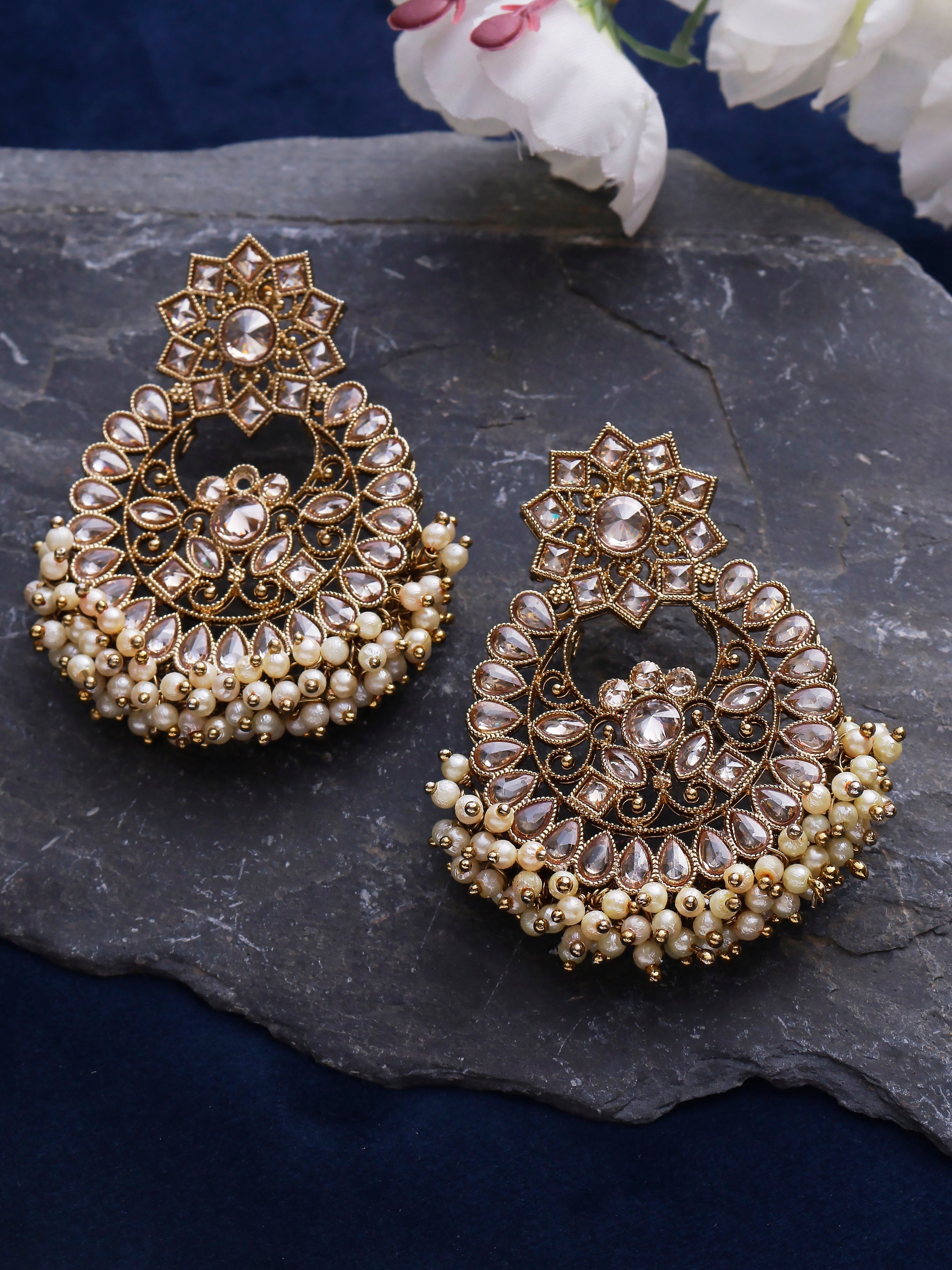 Swisni Alloy Golden Earrings with White Beads For Women