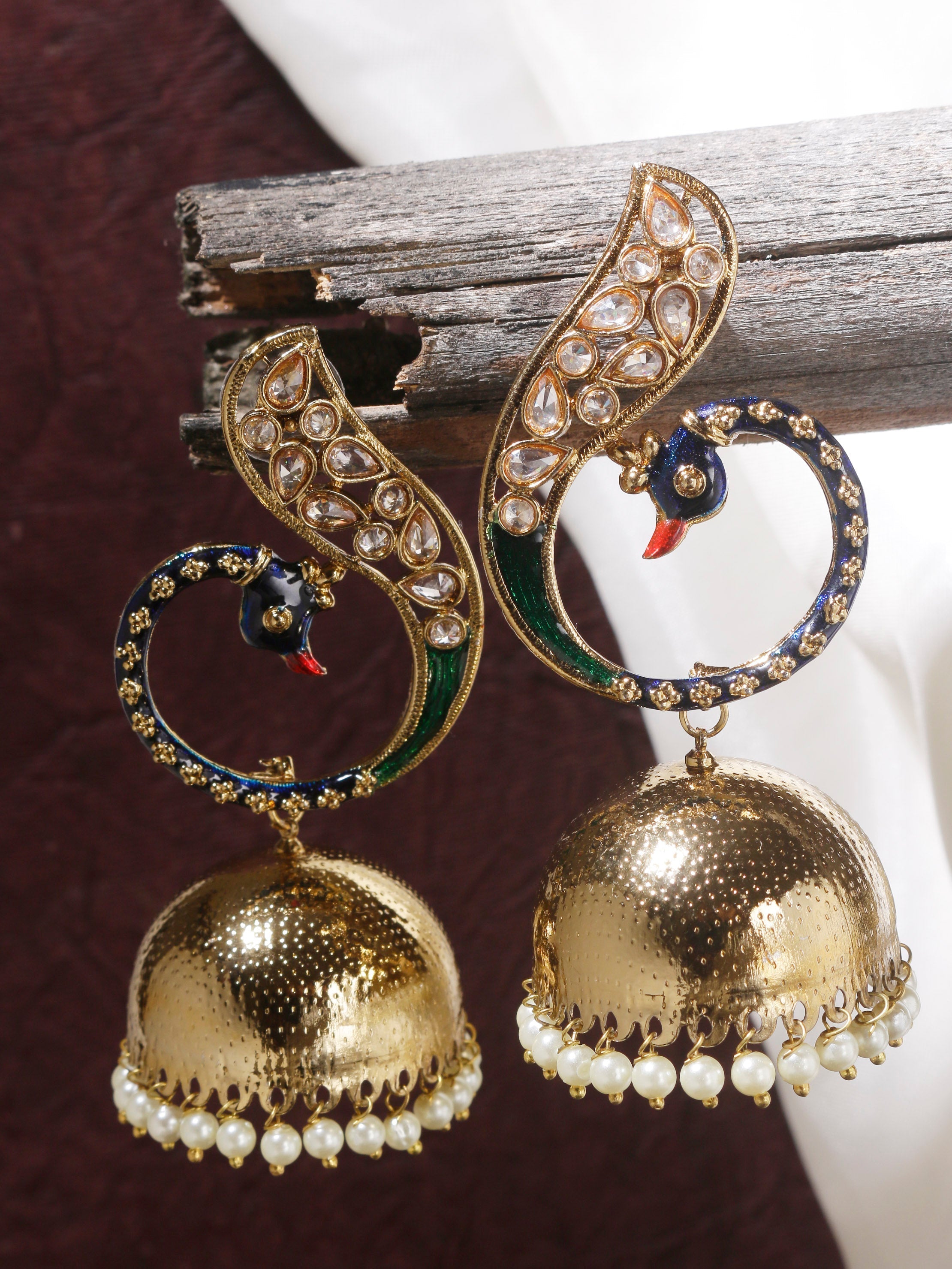 Swisni Alloy Golden Jhumki Earrings with White Beads