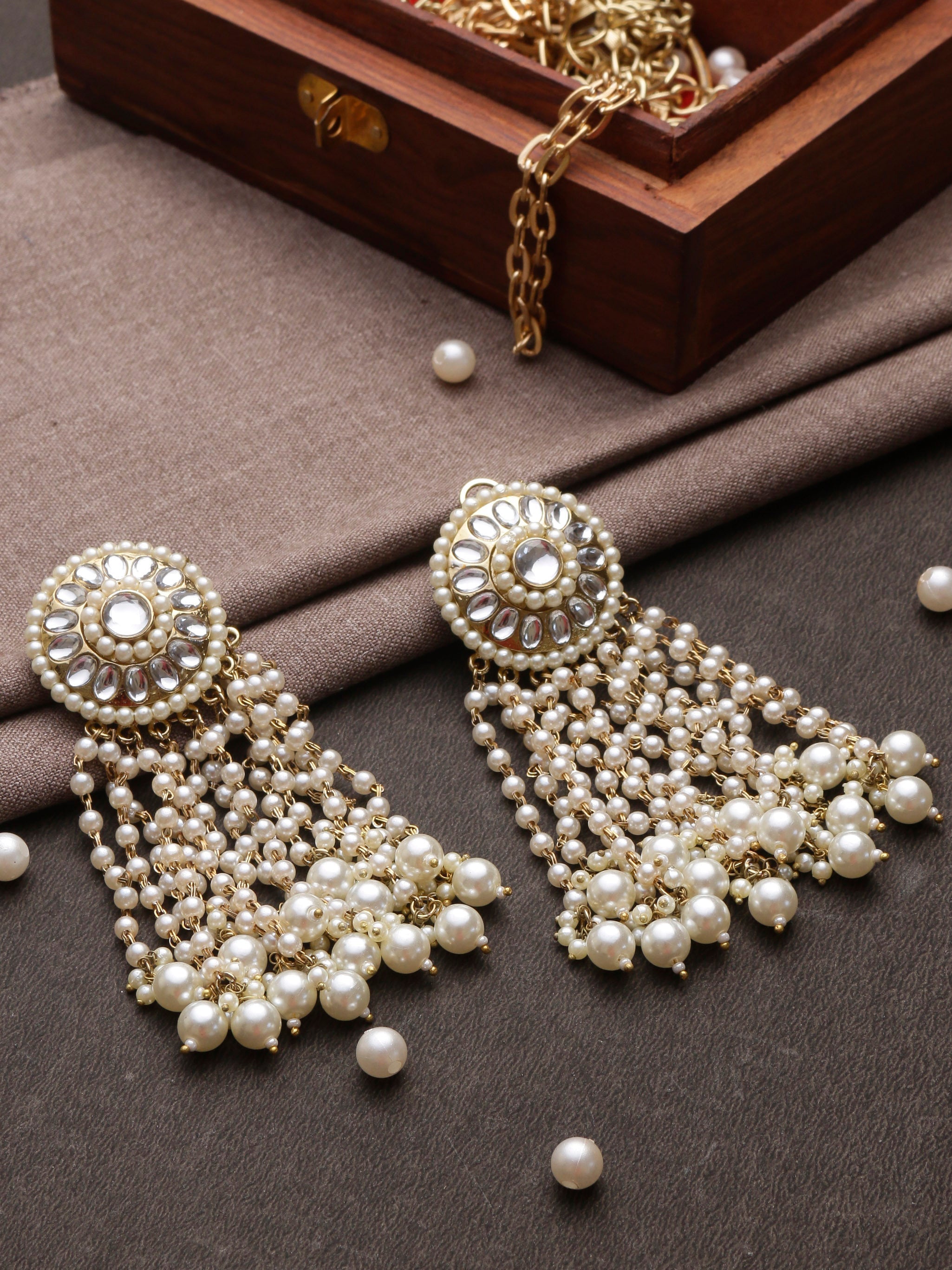 Swisni Alloy Golden Earrings with White Beads
