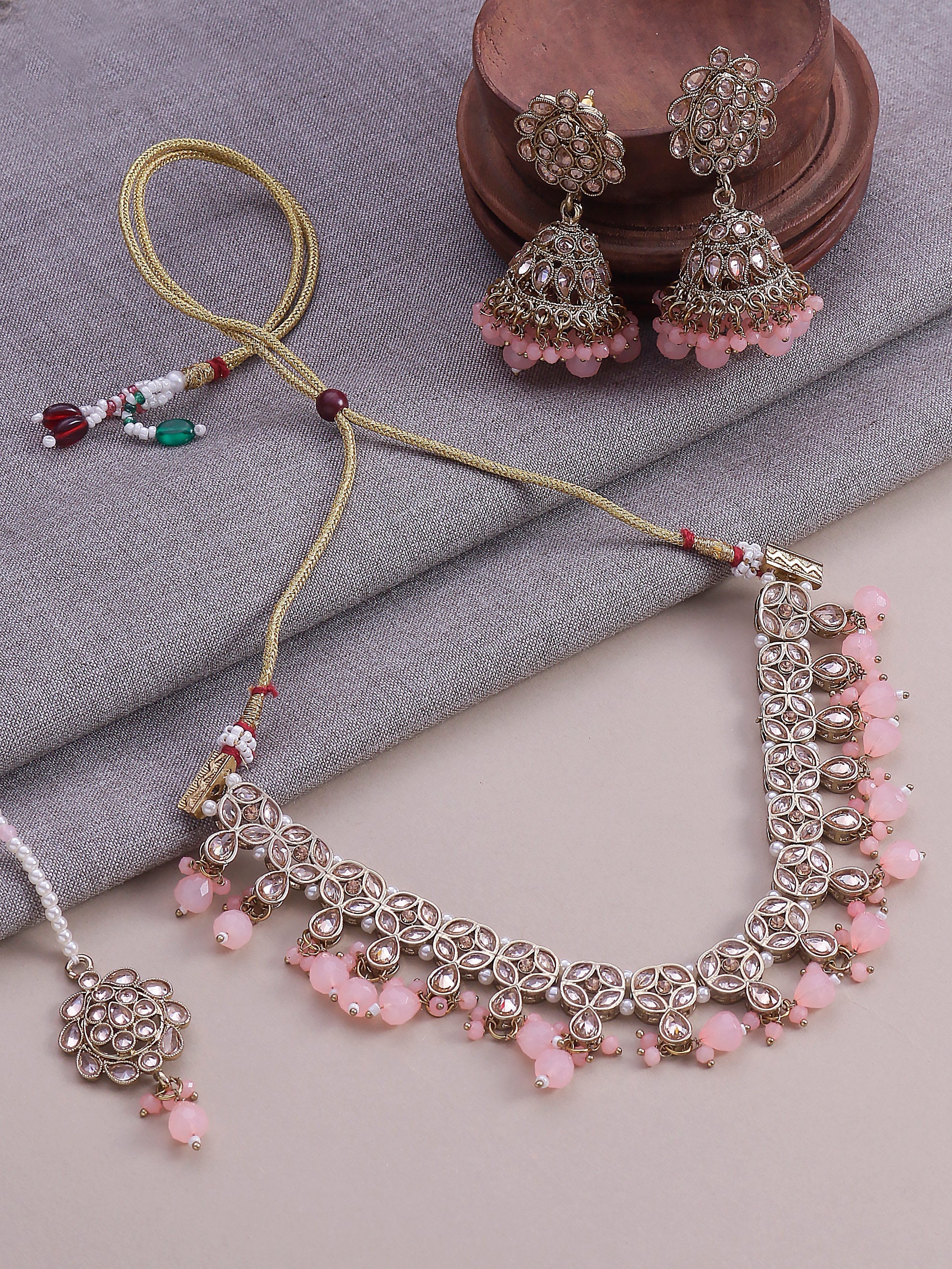 Swisni Alloy Golden Necklace, Earring, Maang Tikka Light Pink Beads Necklace Set For Women|For Girls|Gifting|Anniversary|Birthday|Girlfriend