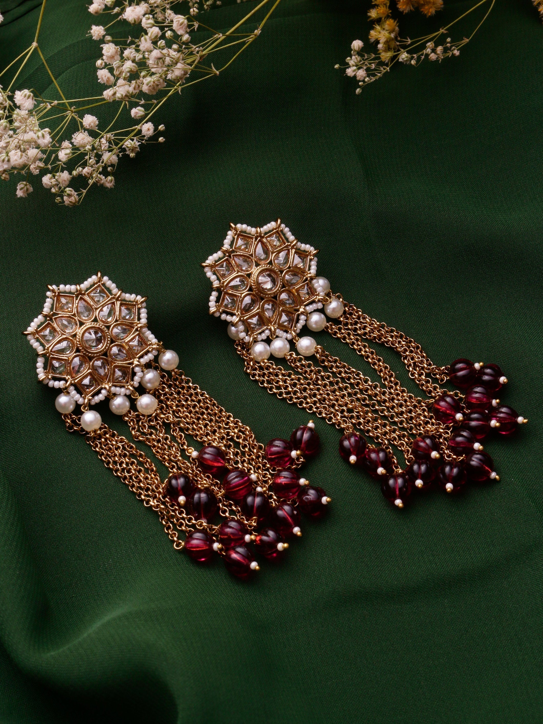 Swisni Alloy Golden Earrings with Perple N White Beads