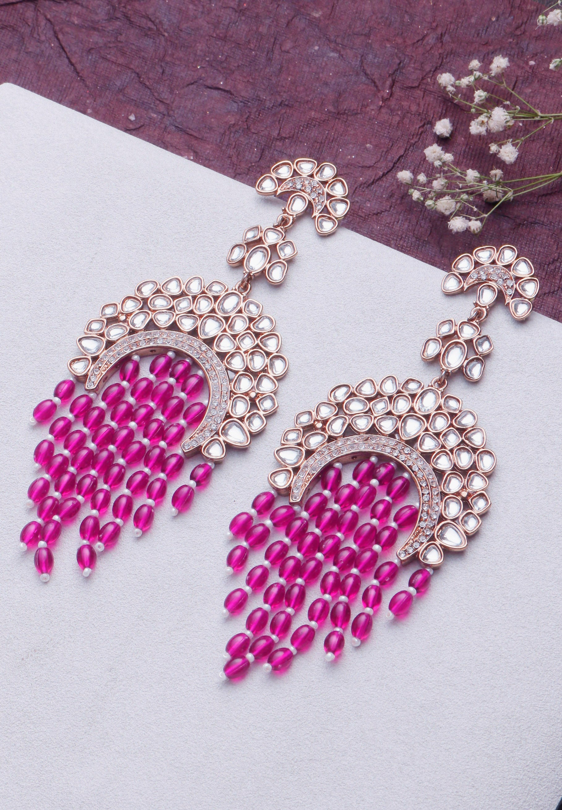 Swisni Alloy Golden Earring With Pink Beads