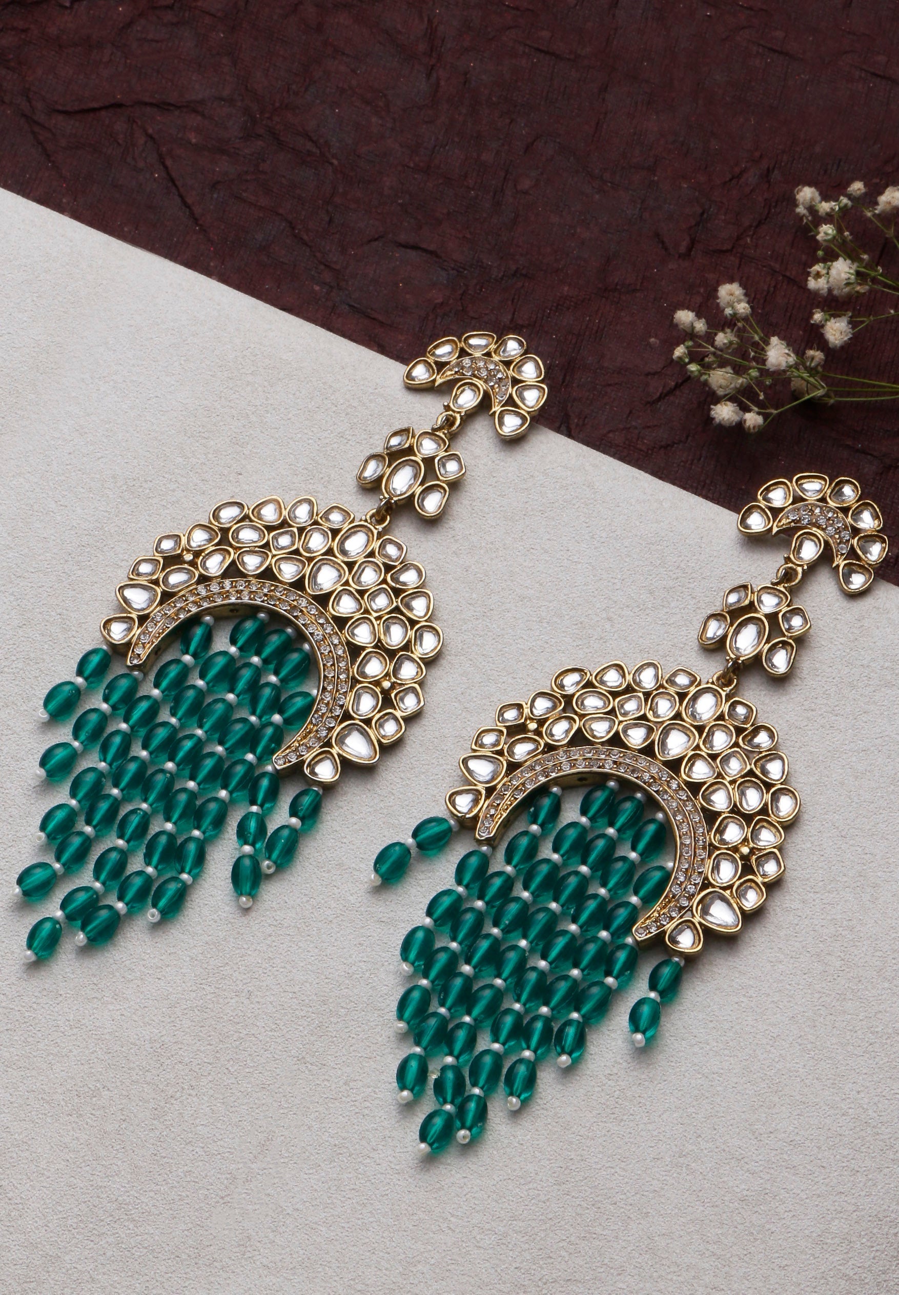 Swisni Alloy Golden Earrings with Green Beads For Women