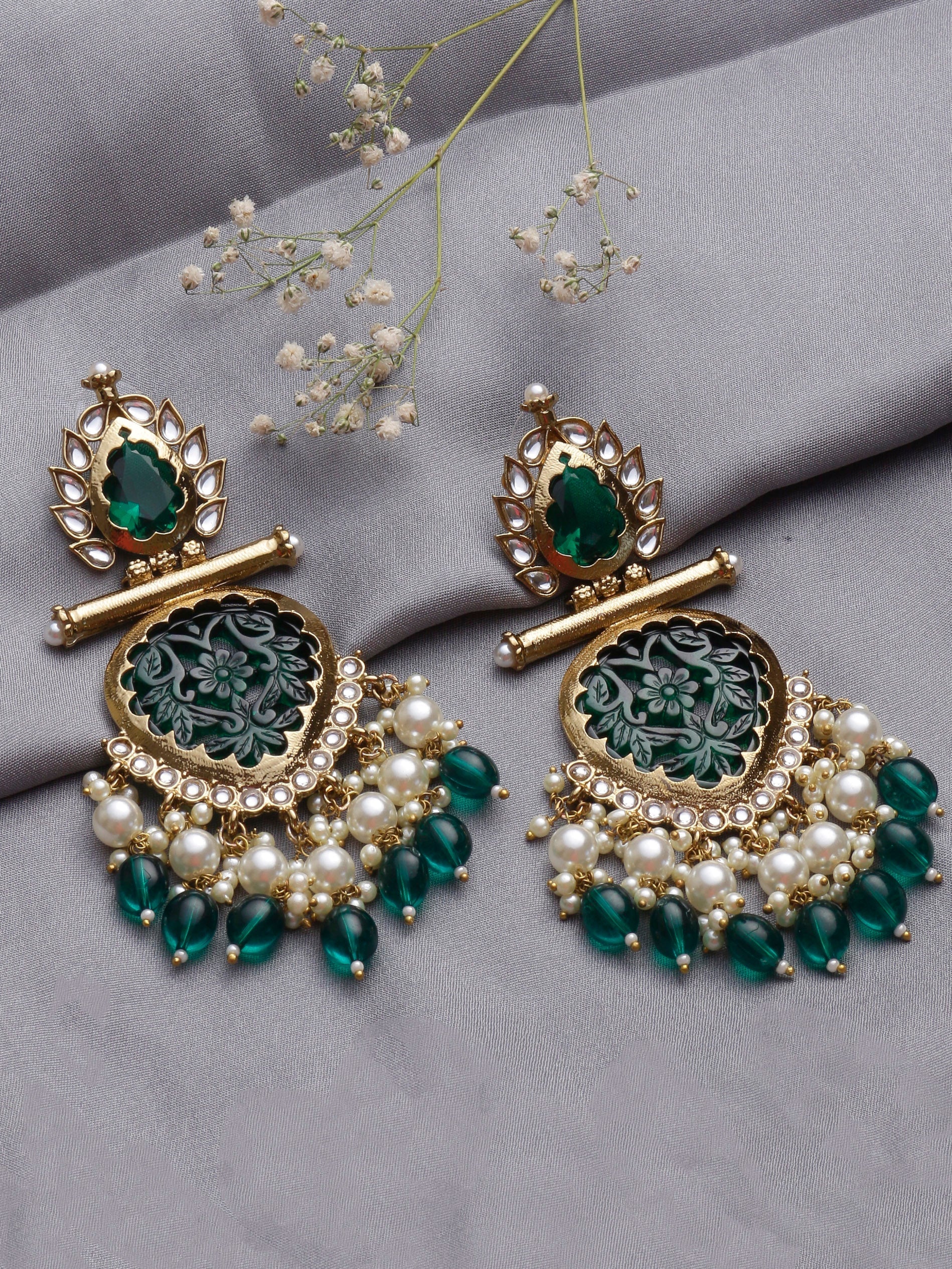 Swisni Alloy Golden Earring With Green And White Beads