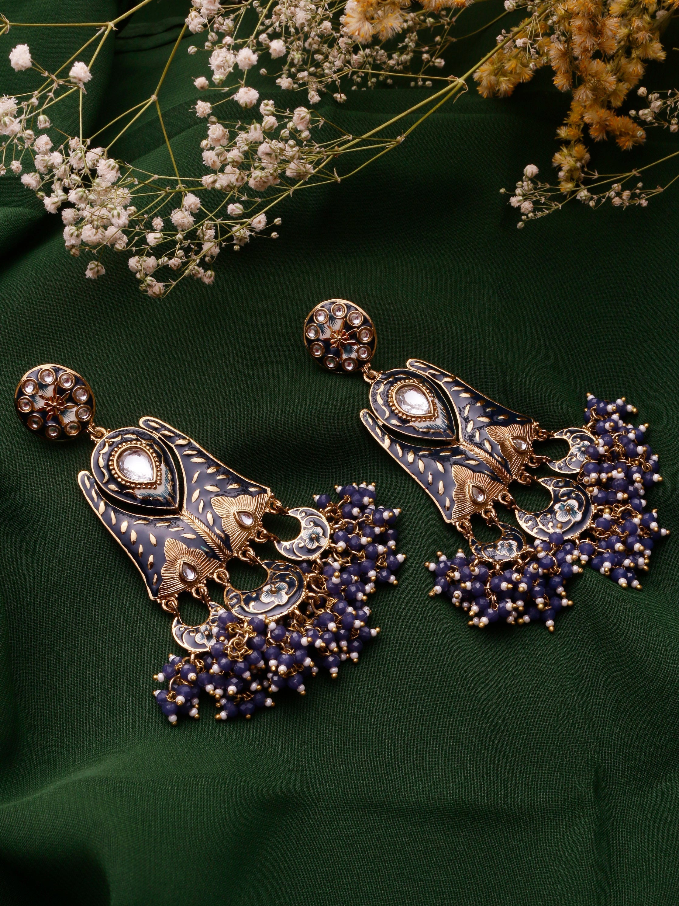 Swisni Alloy Golden Earrings with Navy Blue Beads For Women