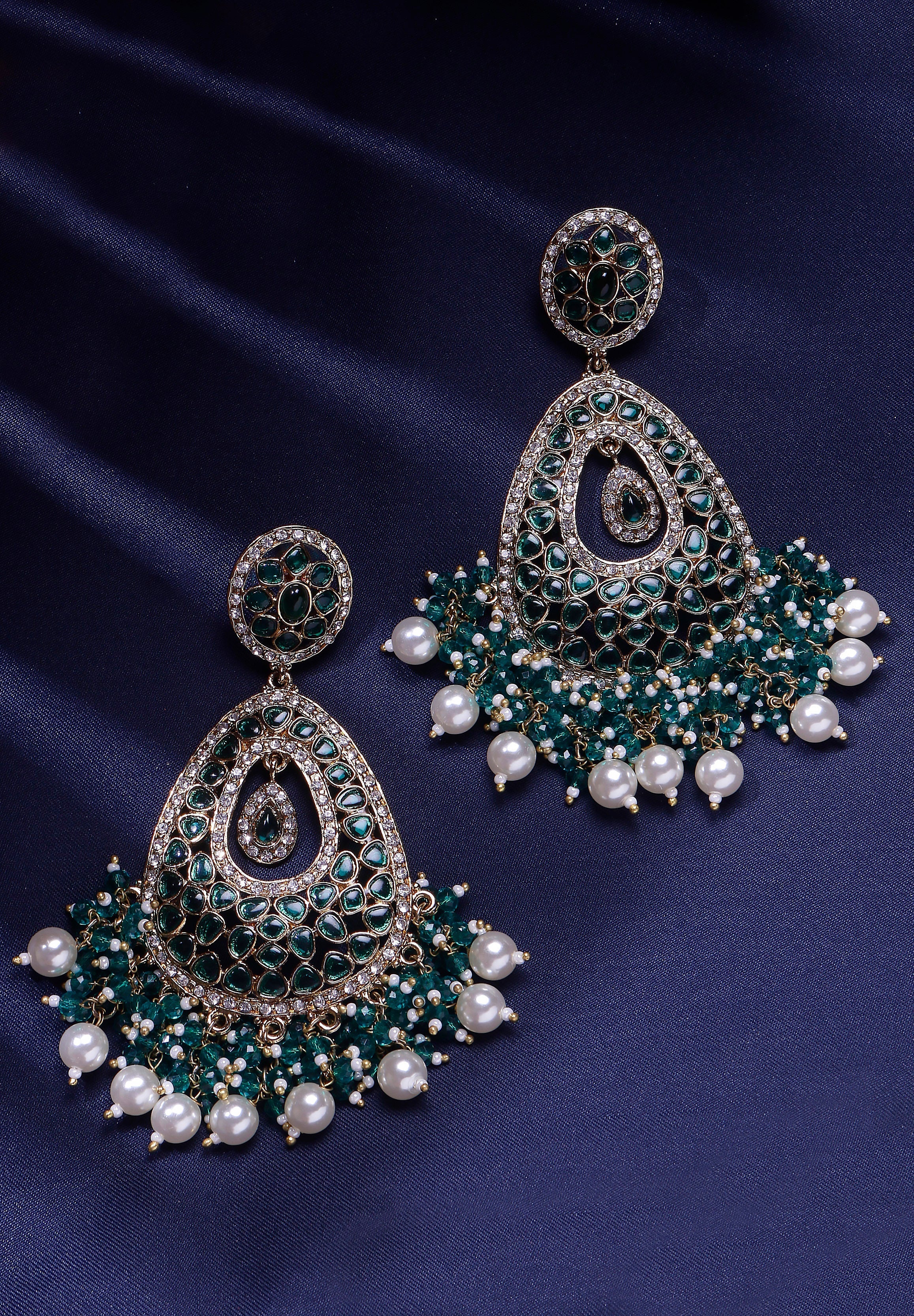 Swisni Alloy Golden Earrings with Green N White Beads
