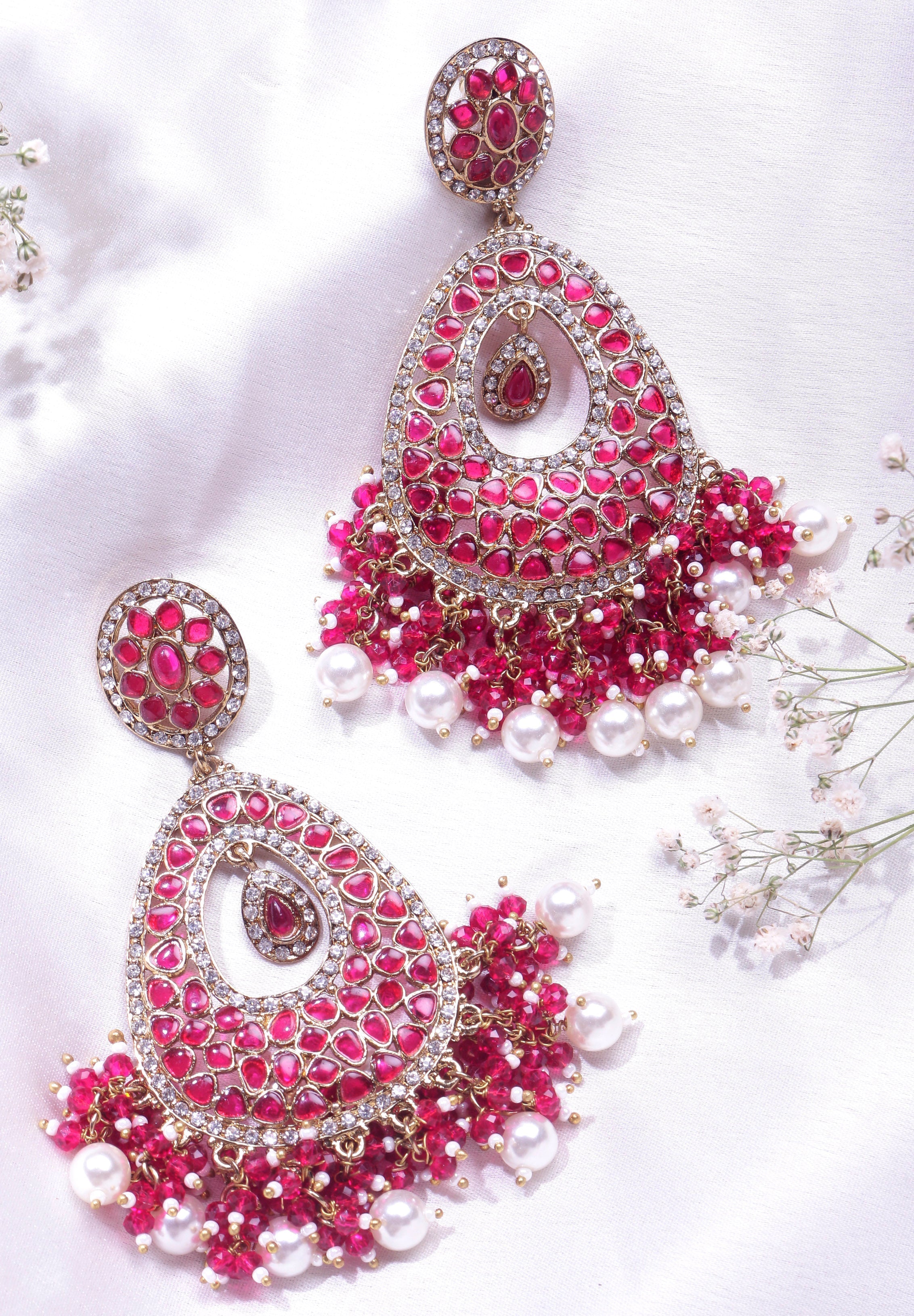 Swisni Alloy Golden N Pink Earrings with Red N White Beads