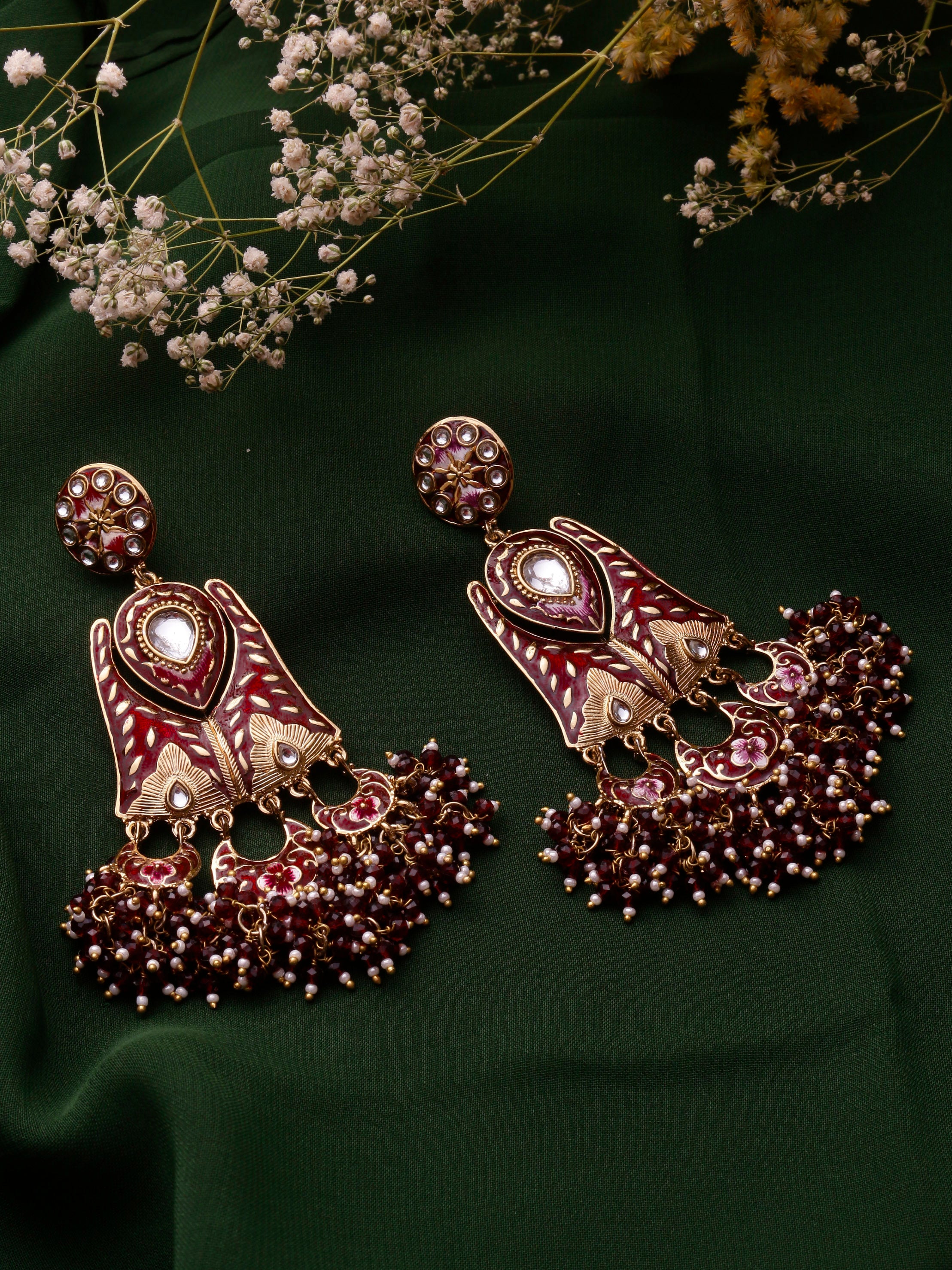 Swisni Alloy Golden Earrings with Maroon Beads