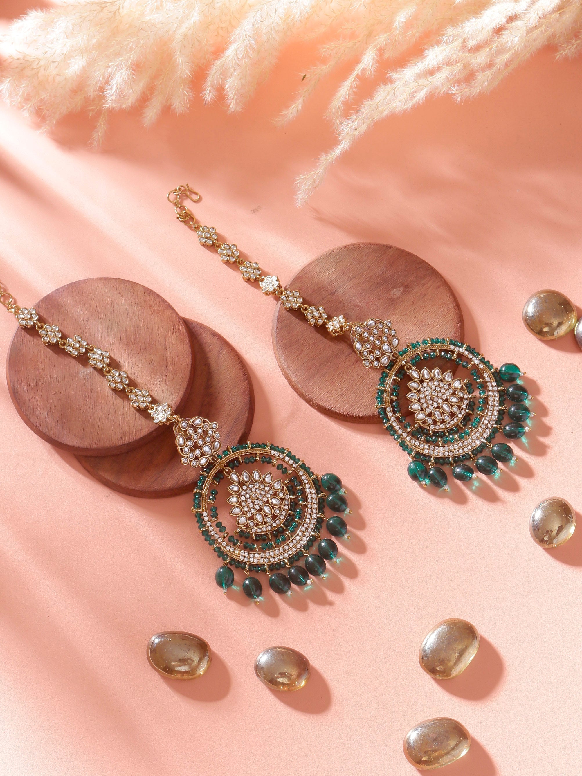 Swisni Alloy Golden Earrings with Green N White Beads