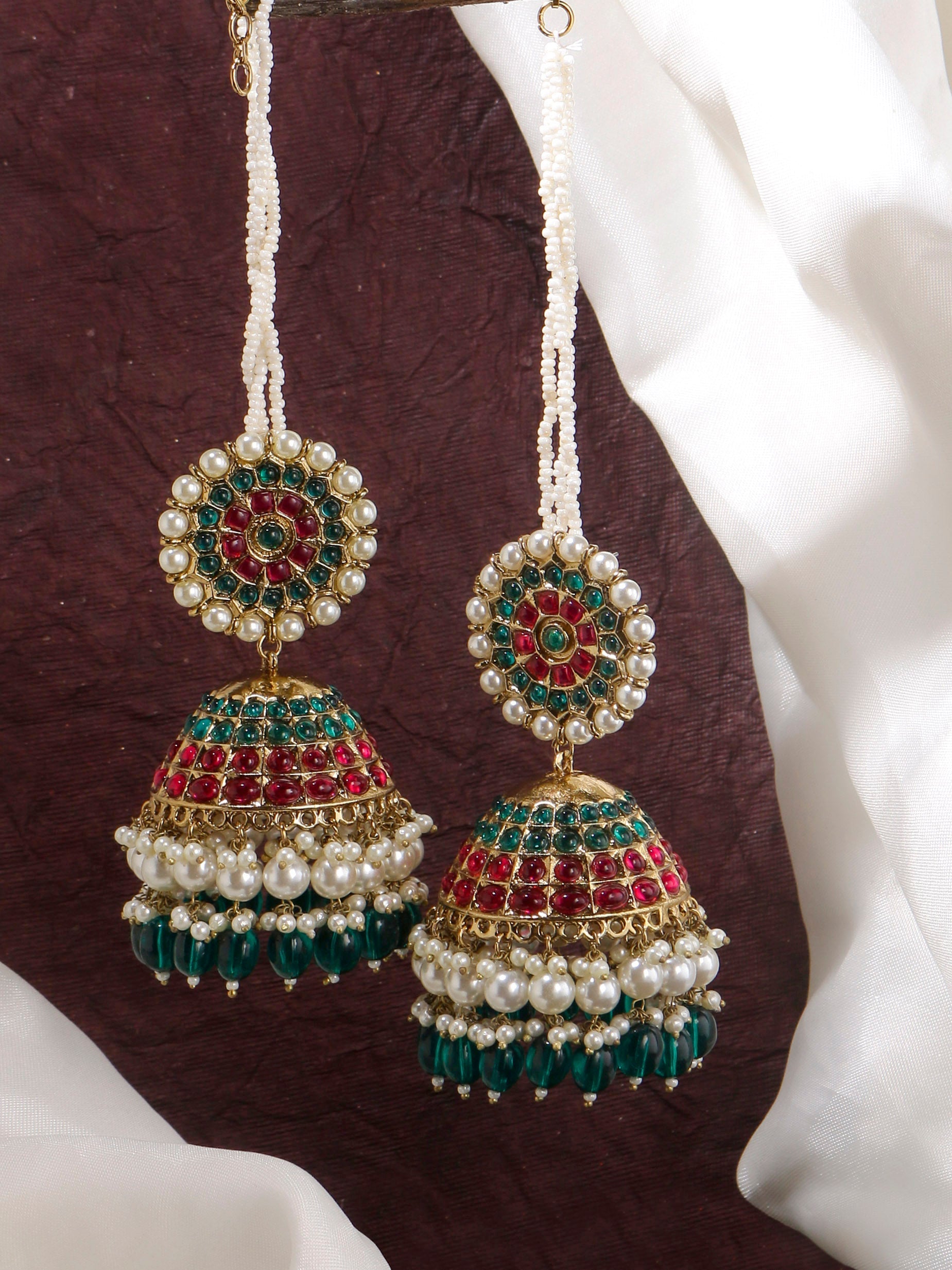 Swisni Alloy Multi Color Jhumkas With Green And White Beads