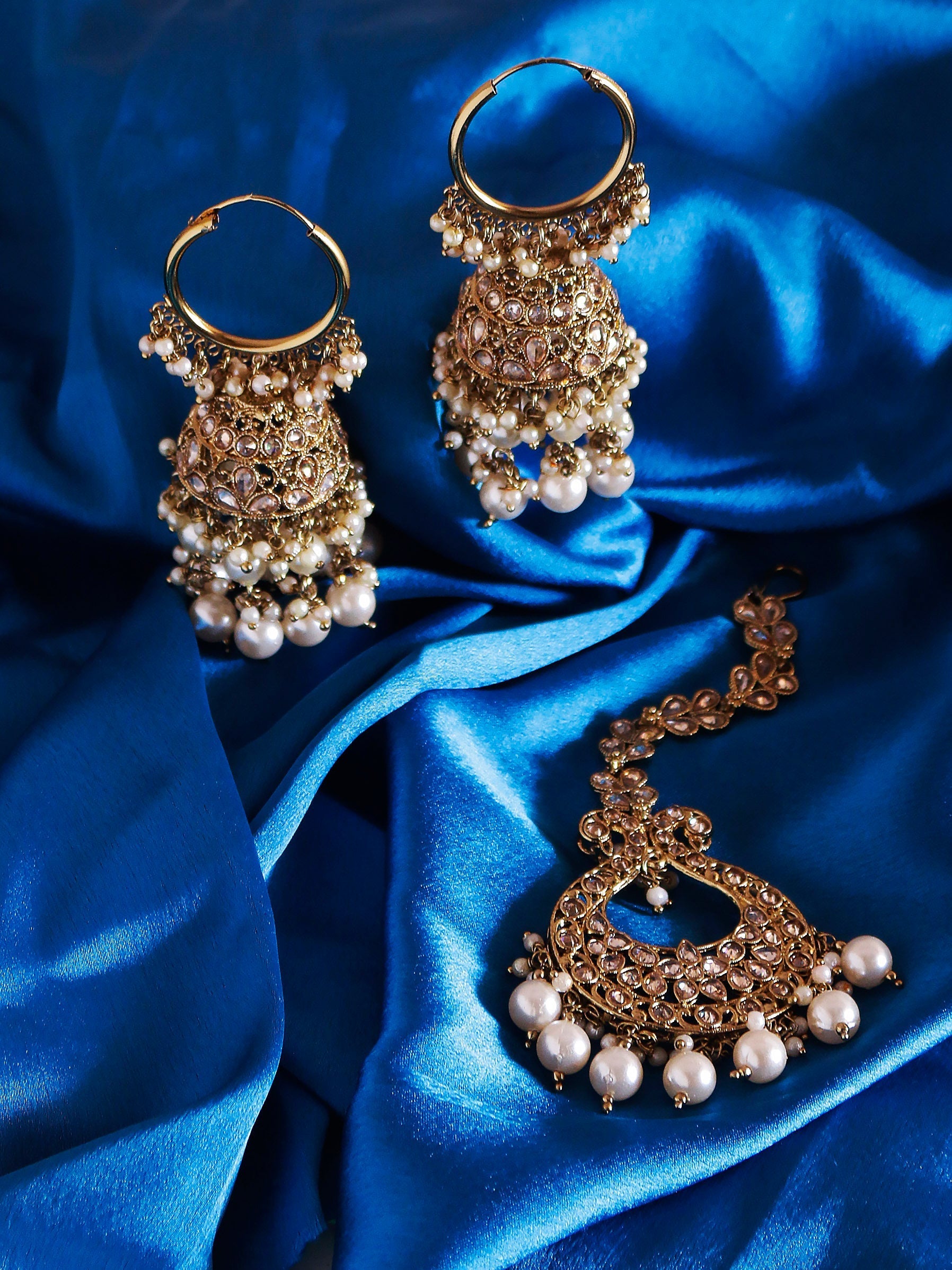 Swisni Alloy Golden Jhumki Earrings with with Maang Tikka