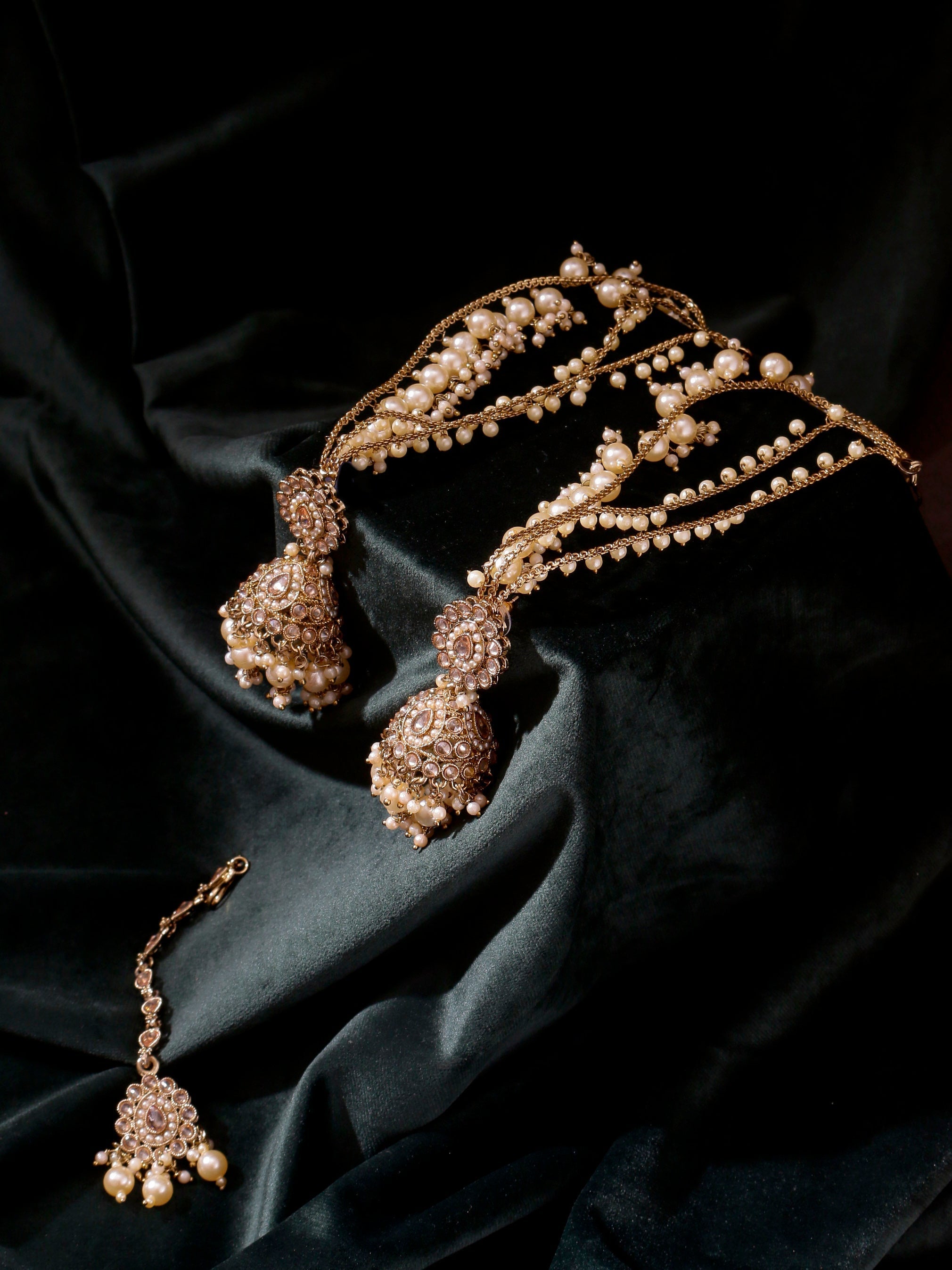 VRPS Ethnic Bag | Handcrafted Swisni Alloy Golden Jhumki Earrings with with maang | HE-SKU-142J