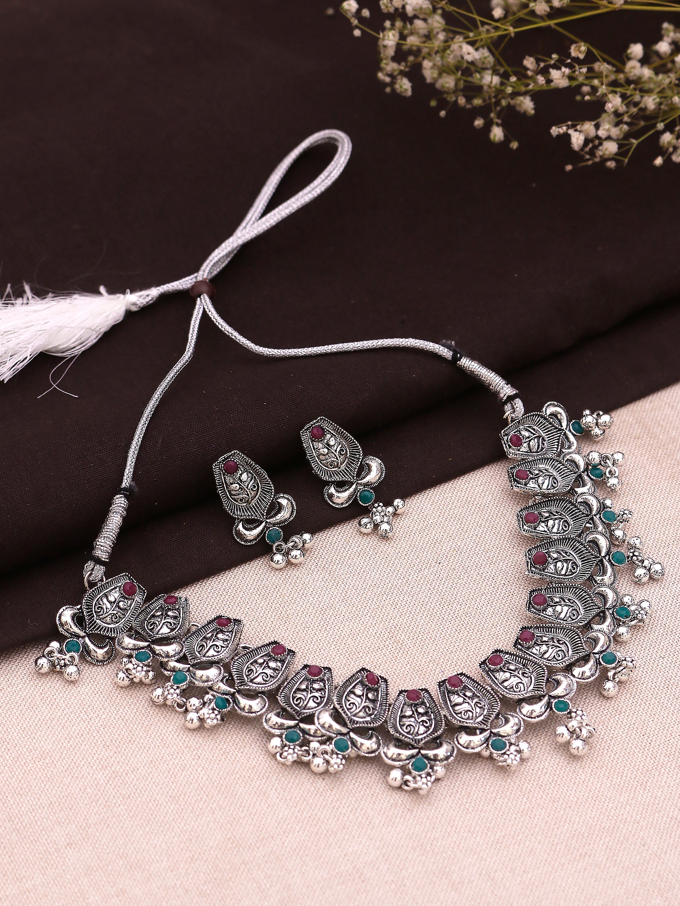 VRPS Ethnic Bag | Handcrafted Swisni Alloy Silver Necklace, Earring Silver Beads Necklace Set For Women | HE-SKU-162J
