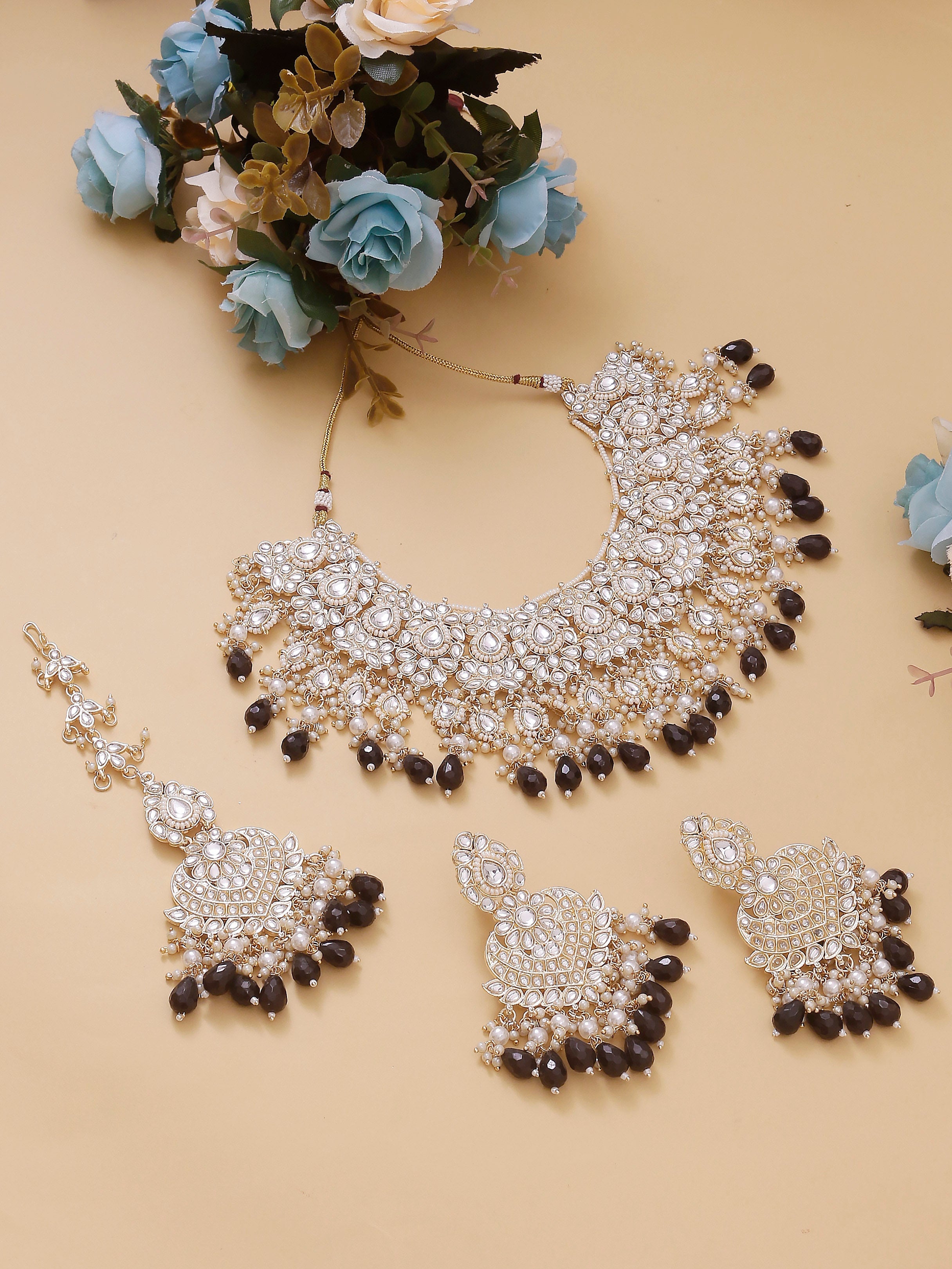Swisni Alloy Golden, White Necklace, Earring, Maang Tikka Black Beads Necklace Set For Women|For Girls|Gifting|Anniversary|Birthday|Girlfriend