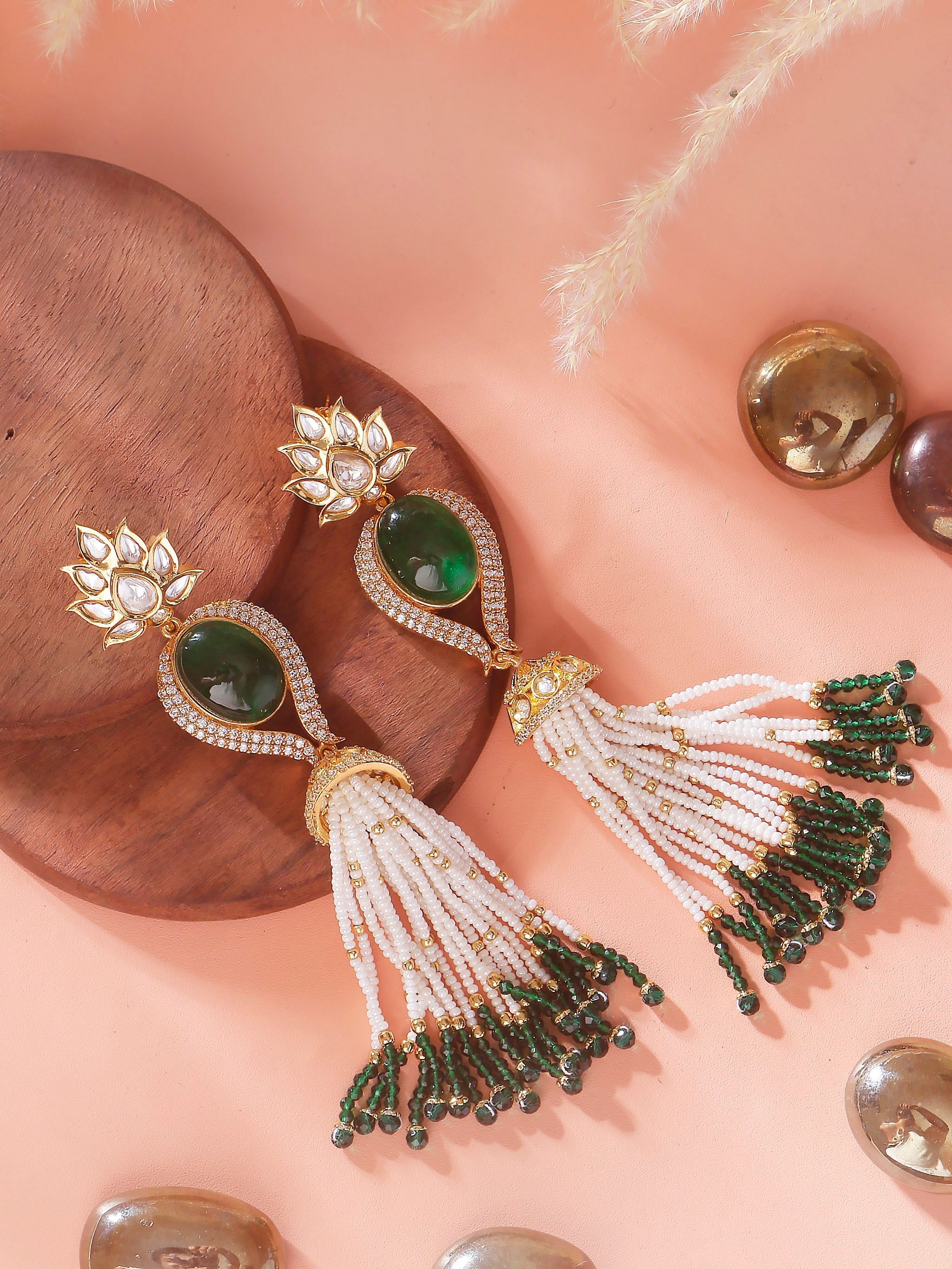 Swisni Alloy Golden Jhumki Earrings with Light Green
