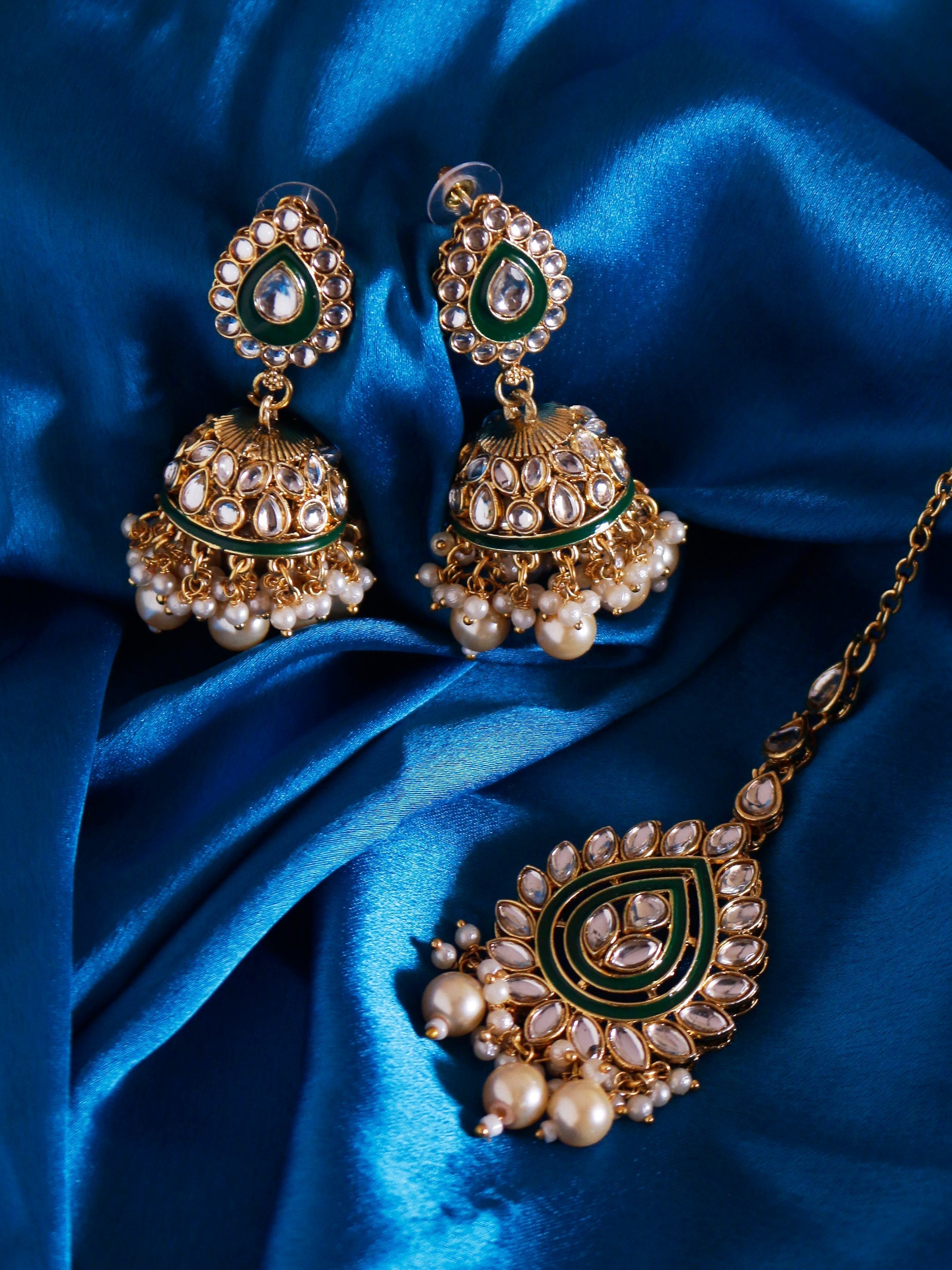 Swisni Alloy Golden Jhumki Earrings with with Maang