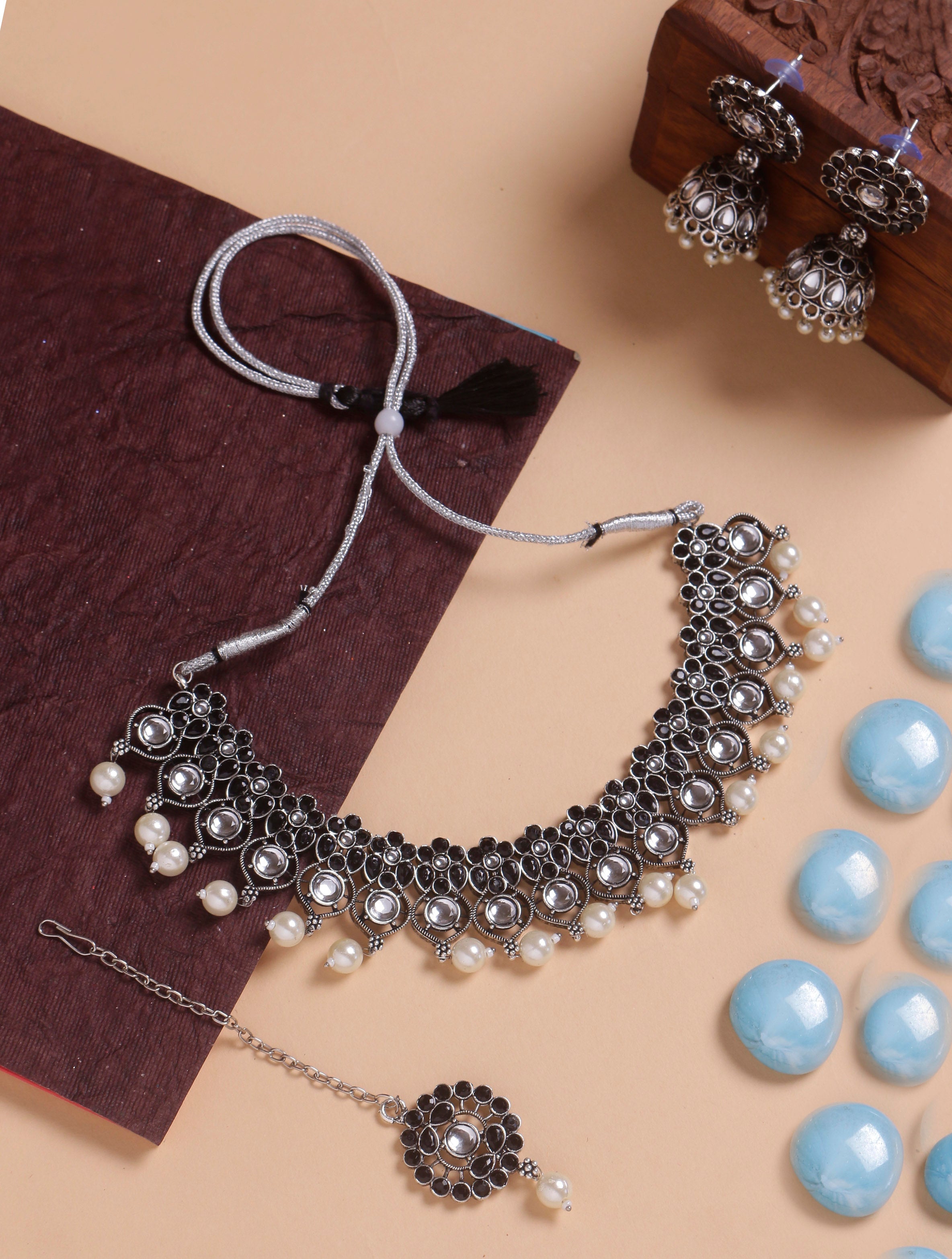 Swisni Alloy Silver, Black Necklace, Earring, Maang Tikka White Beads Necklace Set For Women|For Girls|Gifting|Anniversary|Birthday|Girlfriend